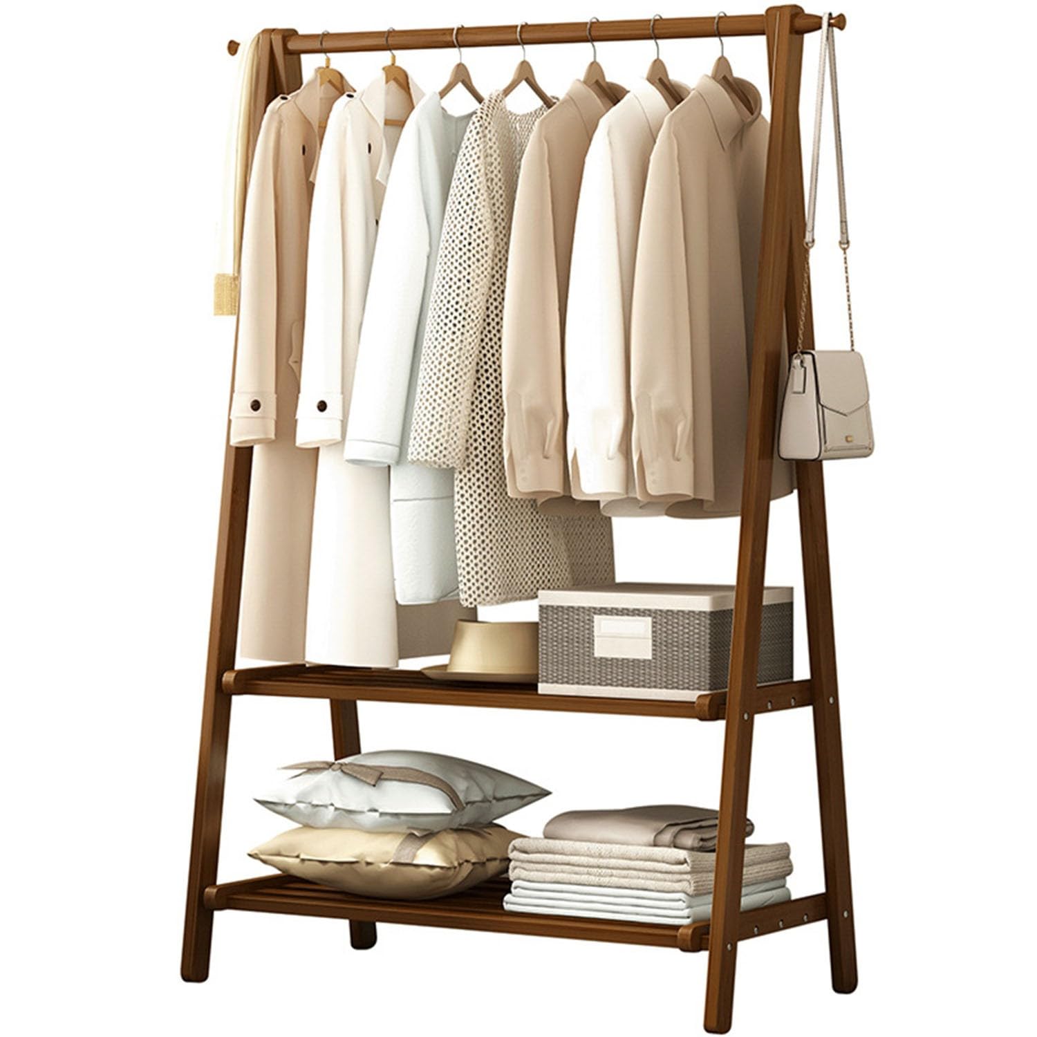Foldable Wooden Garment Rack, Free Standing Wooden Clothes Rail with 2-Tier Storage Shelves & Side Hooks, 66/86/116x40x160cm, for Bedroom Hallway Entryway