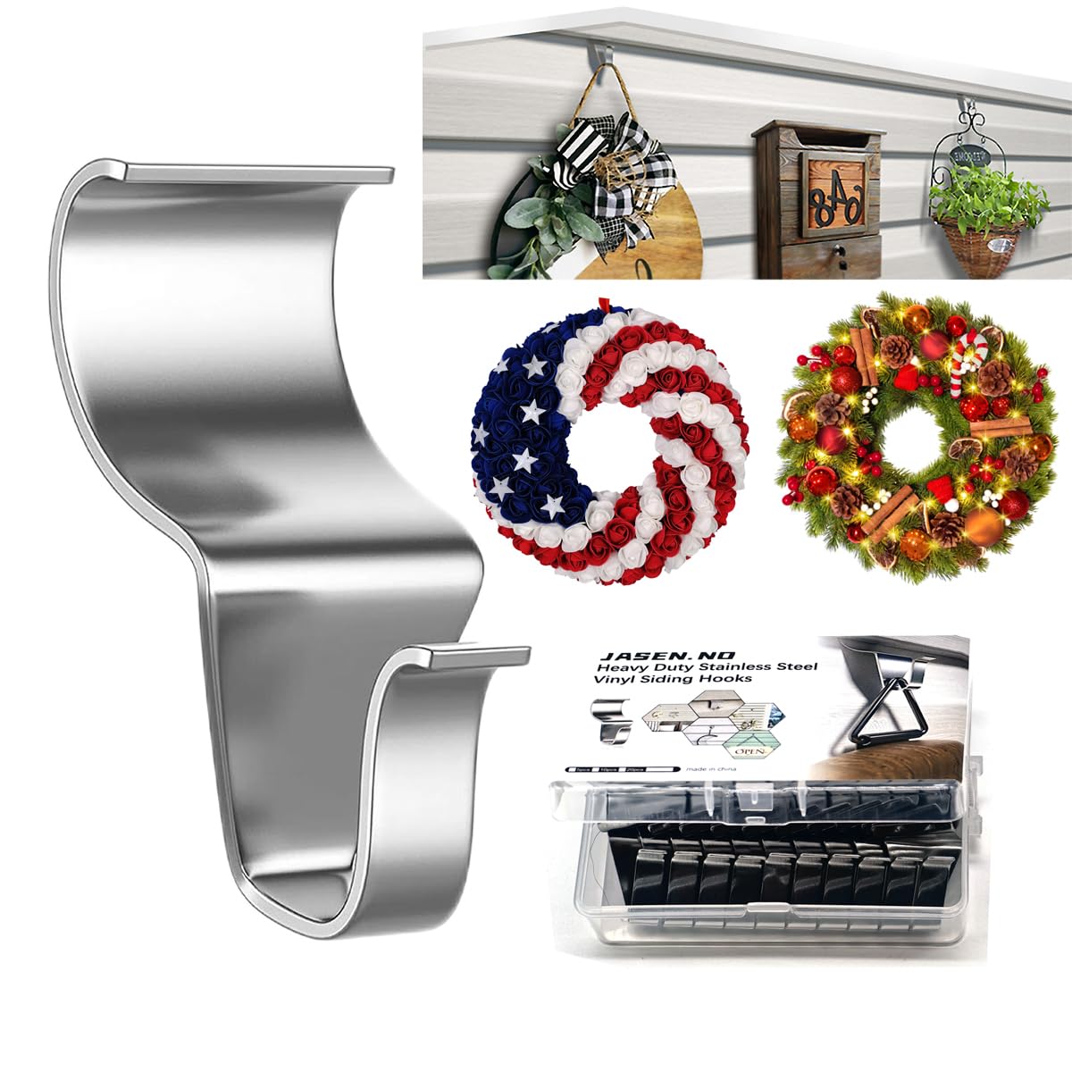 Heavy Duty Vinyl Siding Hooks for Hanging, Outdoor No-Hole Siding Hangers, Stainless Steel Siding Clips Front Door Wreath Hanger for Flags Lights Christmas Decor (10Pcs)