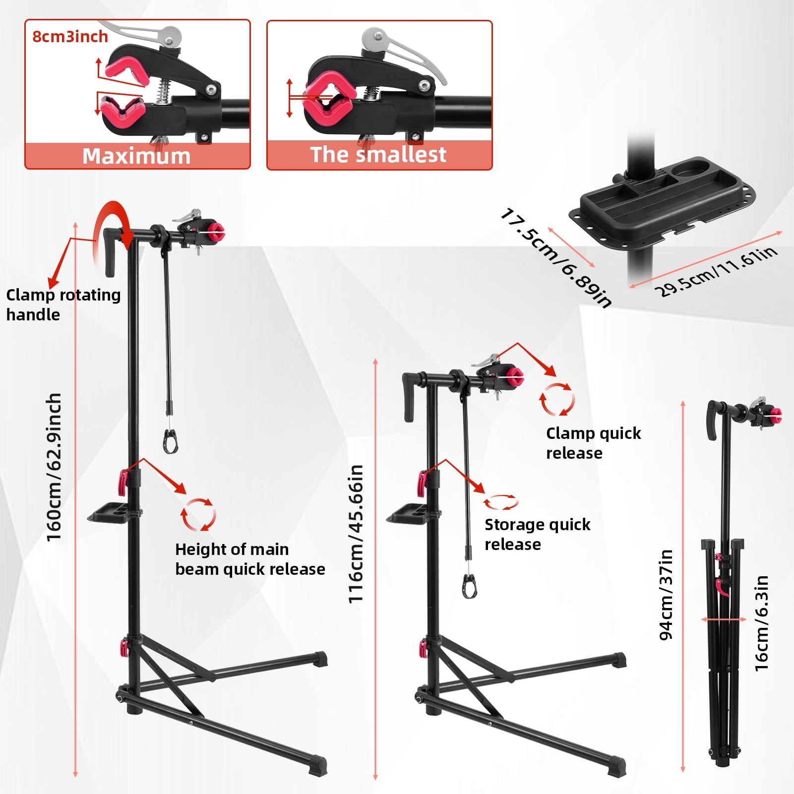 Regolabile Altezza Cavalletto Bici Manutenzione, Massima 50kg,360° Braccio | Pieghevole Cavalletto Manutenzione Bici con Vassoio Portautensili Magnetico e Barra Stabilizzatrice