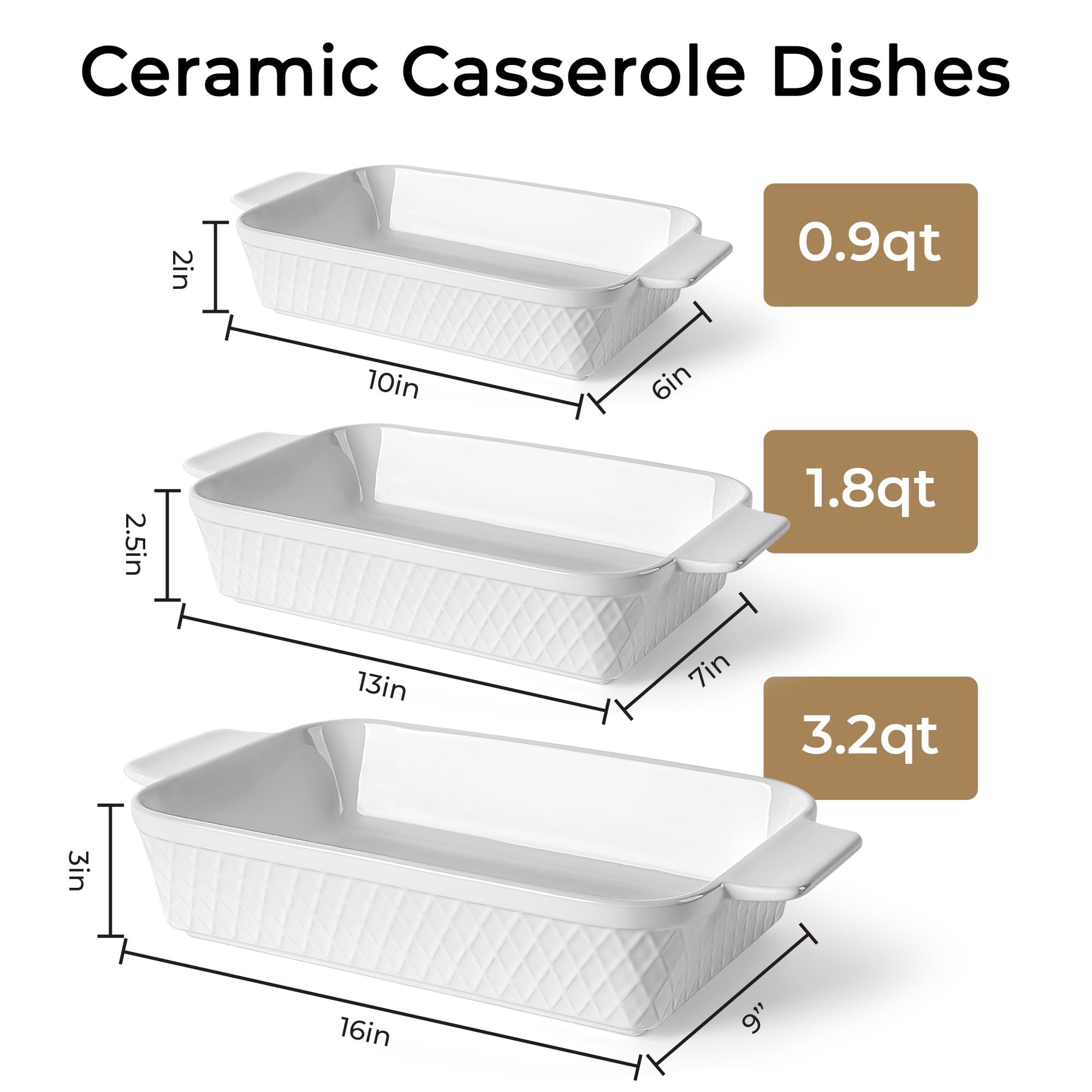MIAMIO - Ovenschaal set van 3 / Rechthoekige keramische ovenschaal, 3-delige stapelbare bakvormset, 850 ml, 1650 ml, 2900 ml - Vaatwasser- en ovenbestendig - Palmanova Collectie