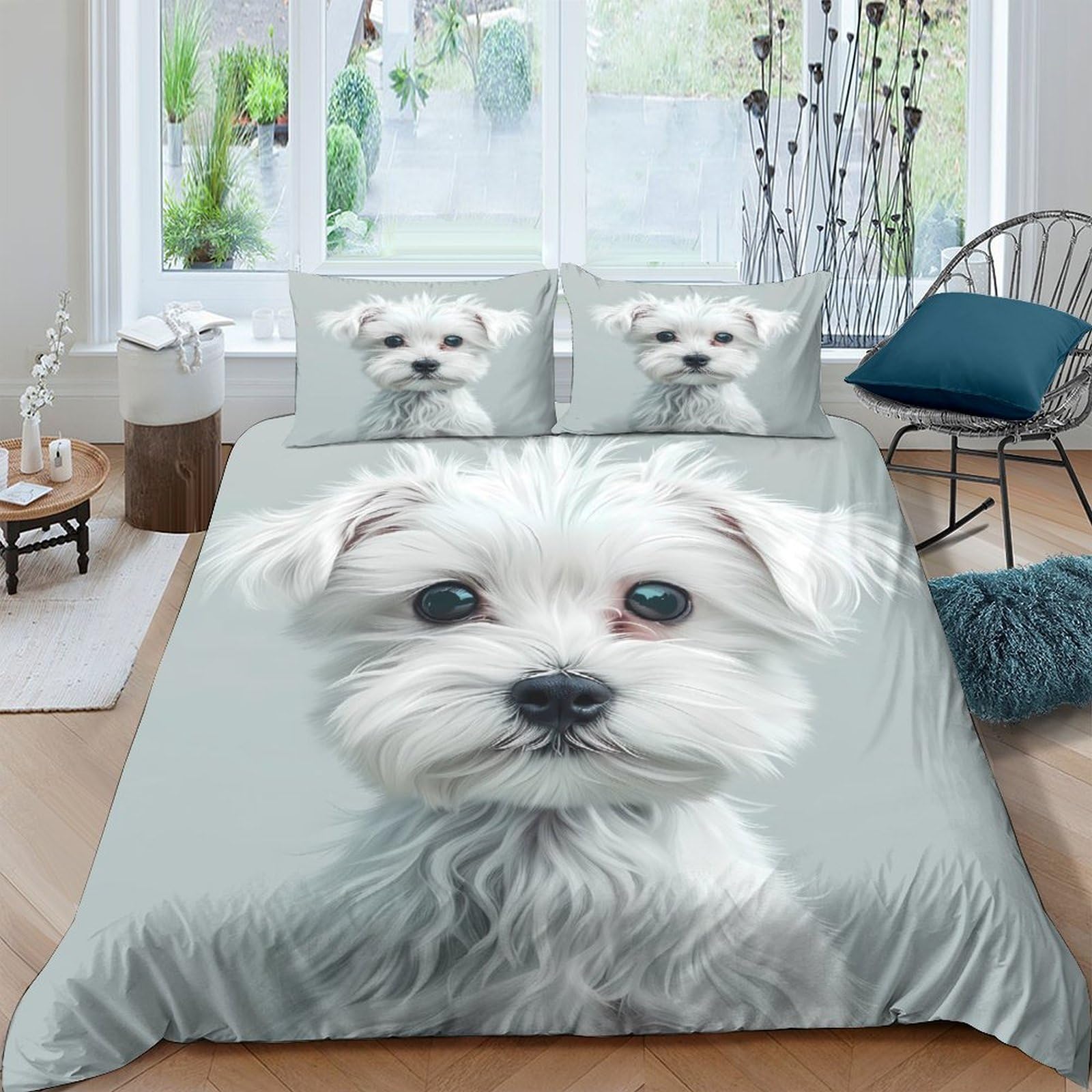 Ctjqhvkz Style-10 3D Printed White Puppy Fitted Sheet Microfiber Soft Breathable Dog Face Bed Cover For Bedroom Guest Room Decor Single（135X200cm）