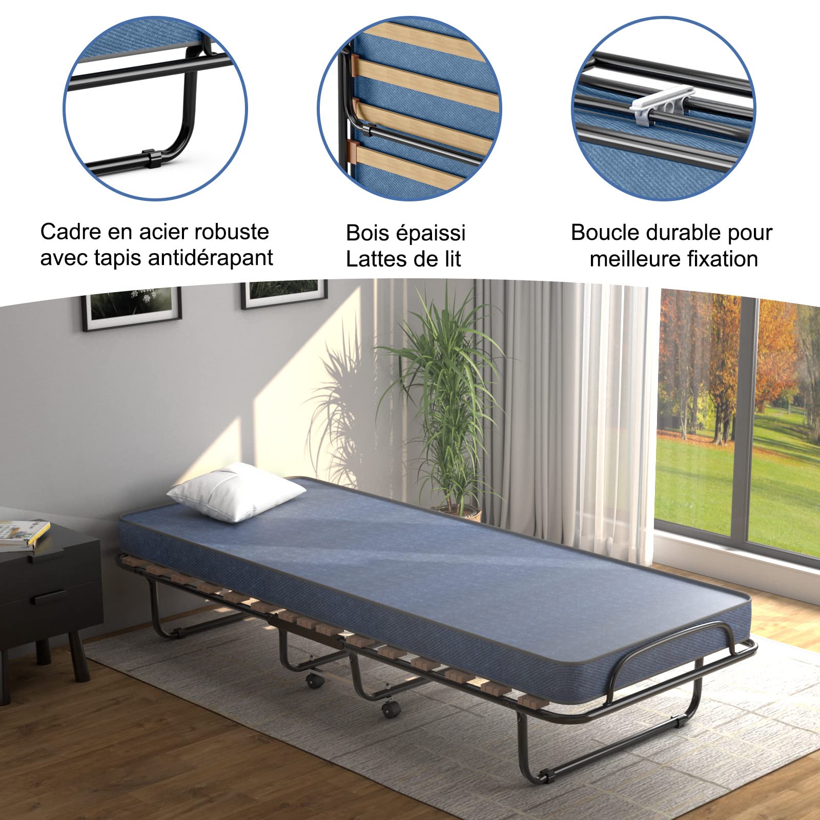 Lit Pliant 1 Personne 80x190 Cm GIANTEX Avec Matelas Mémoire De Forme - Charge 170 Kg, Cadre Métal, Pliable Pour Rangement - Pour Invités, Chambre D'appoint, Bureau