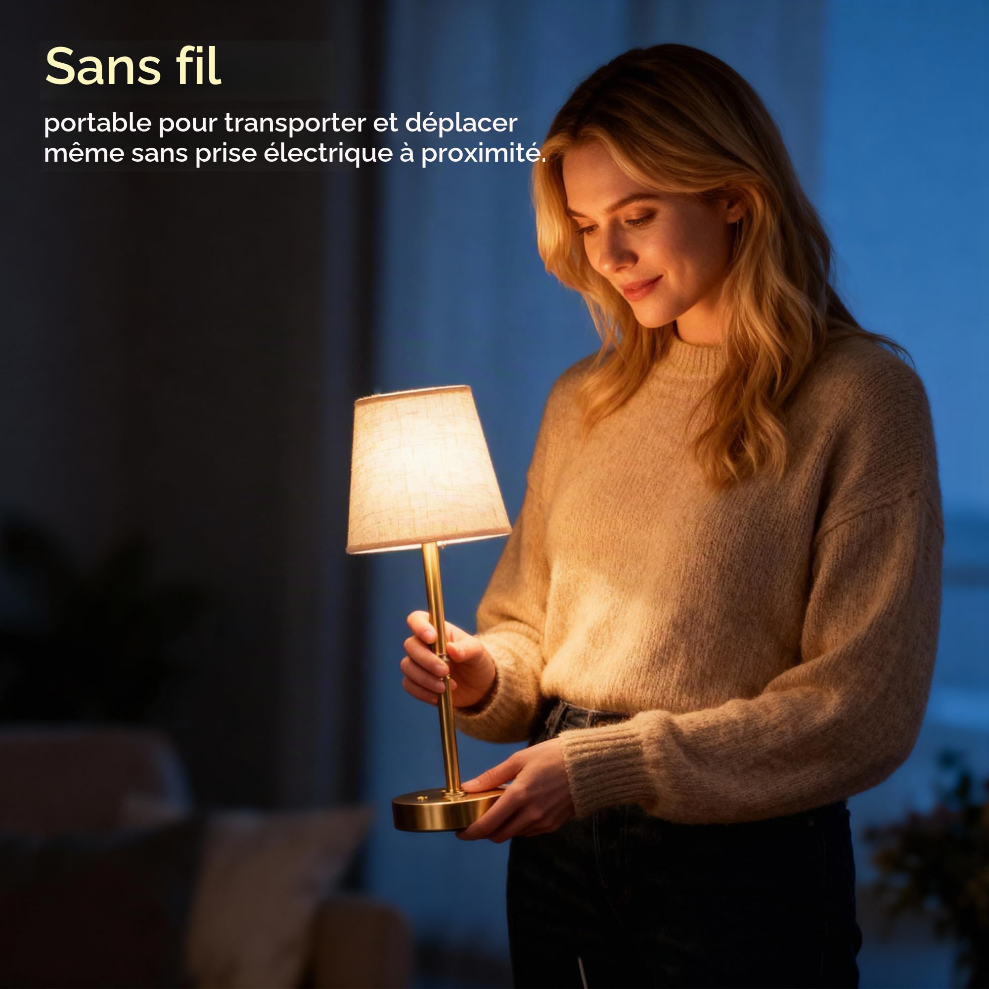 Lampe de Chevet Vintage Sans Fil, Lampe de Table Rechargeable 6000mAh USB-C, Lampe à Poser Tactile Dimmable 3000K en Tissu Doré pour Chambre, Salon, Table de Nuit, Lot de 2