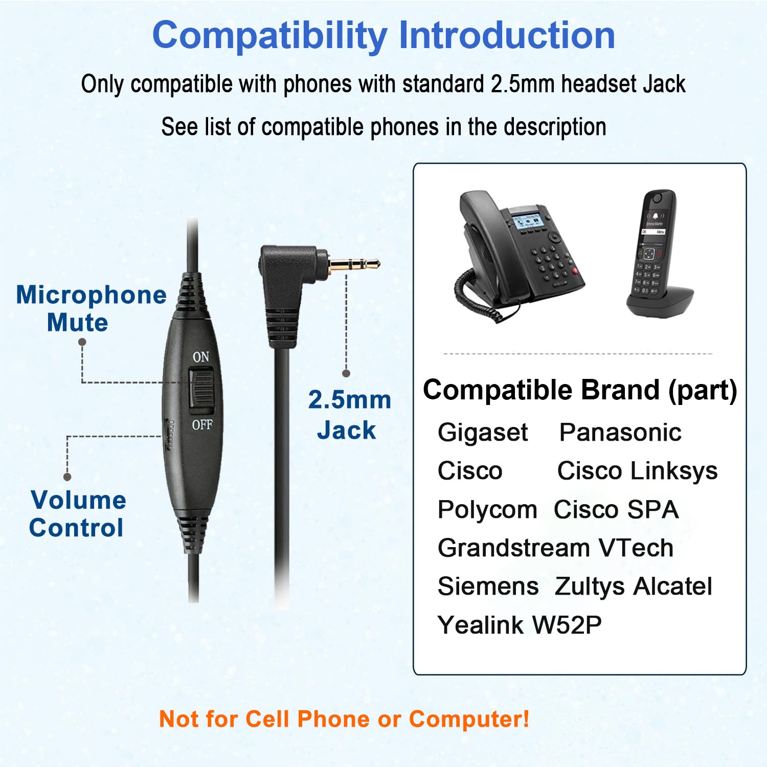 Callez 2,5 mm bezprzewodowy zestaw słuchawkowy do telefonu mono, zestaw słuchawkowy z mikrofonem z redukcją szumów do DECT Siemens Gigaset C430 C530 Panasonic Cisco Polycom Call Center Home Office