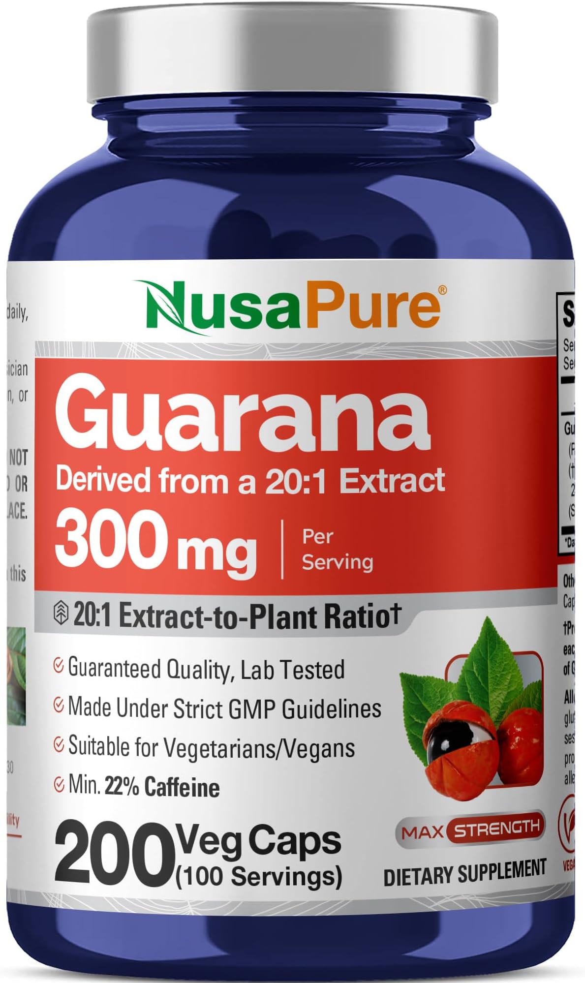 NusaPure Guarana Capsules, 300 mg, 200 Veg Capsules (Non-GMO, Vegan)