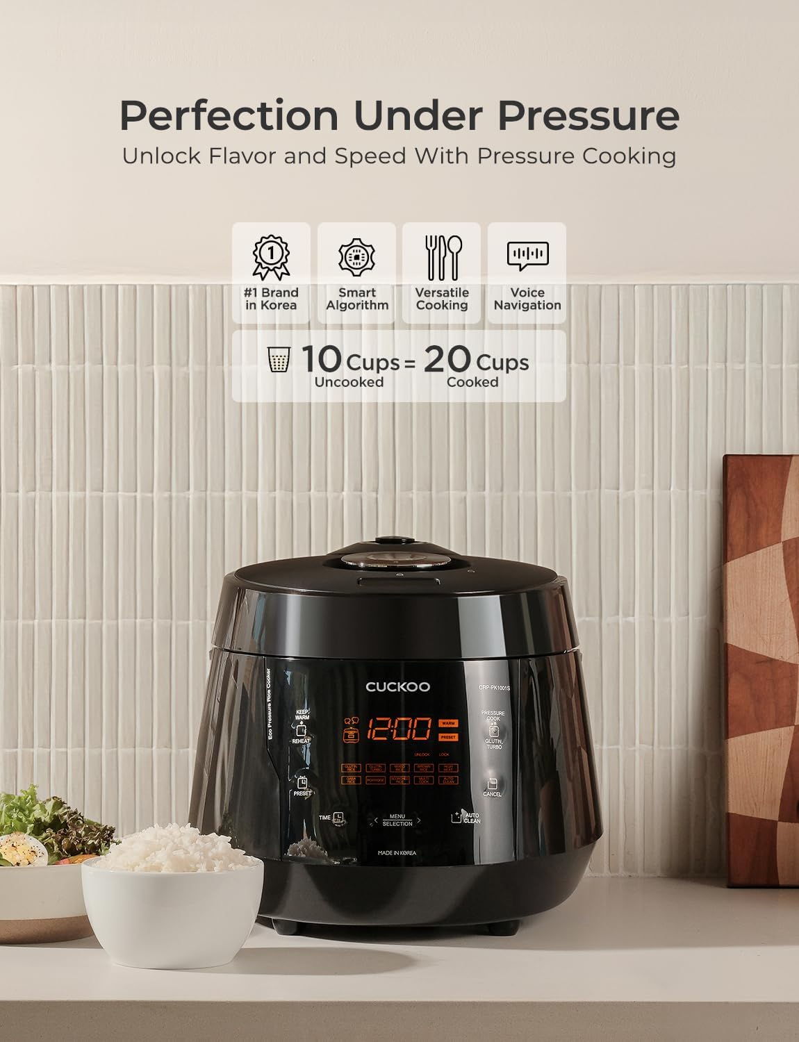 CUCKOO High Pressure Rice Cooker 10-Cup Uncooked / 20-Cup Cooked with Nonstick Inner Pot, Large Rice Maker with 13 Menu Options and Steam Plate, Fuzzy Logic Tech, Auto Clean, Black (CRP-PK1001S) - Image 2