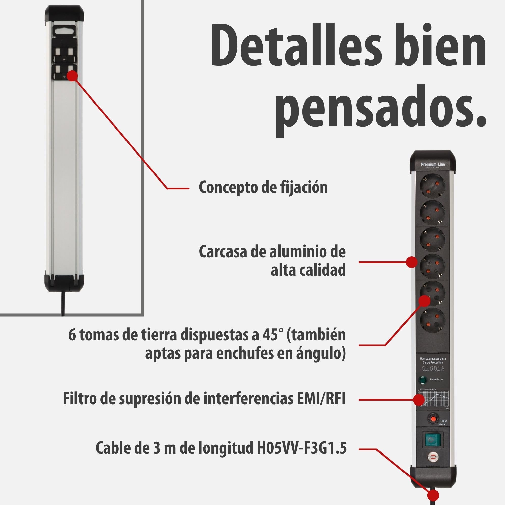 Brennenstuhl Premium-Protect-Line regleta enchufes de 6 Tomas con protección contra sobretensiones de 60.000 A (Cable de 3 m, Interruptor, protección antirayos, Fabricado en Alemania) Plateado/Negro