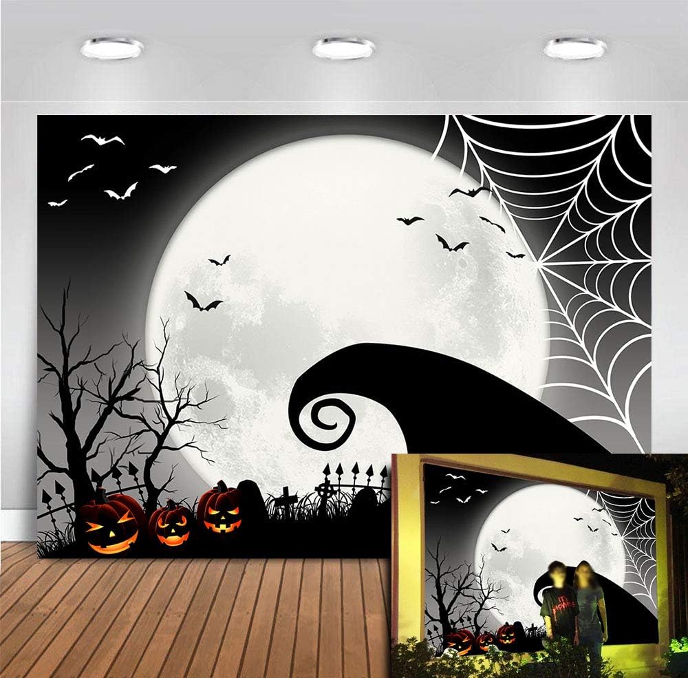 Hallowmas Party Supplies The Nightmare Before Christmas Photography Backdrop Vinyl 7x5ft Bats Pumpkin Patch Full Moonlight Halloween Scary Party Banner Baby Shower Photo Background Photo Shoot Spider