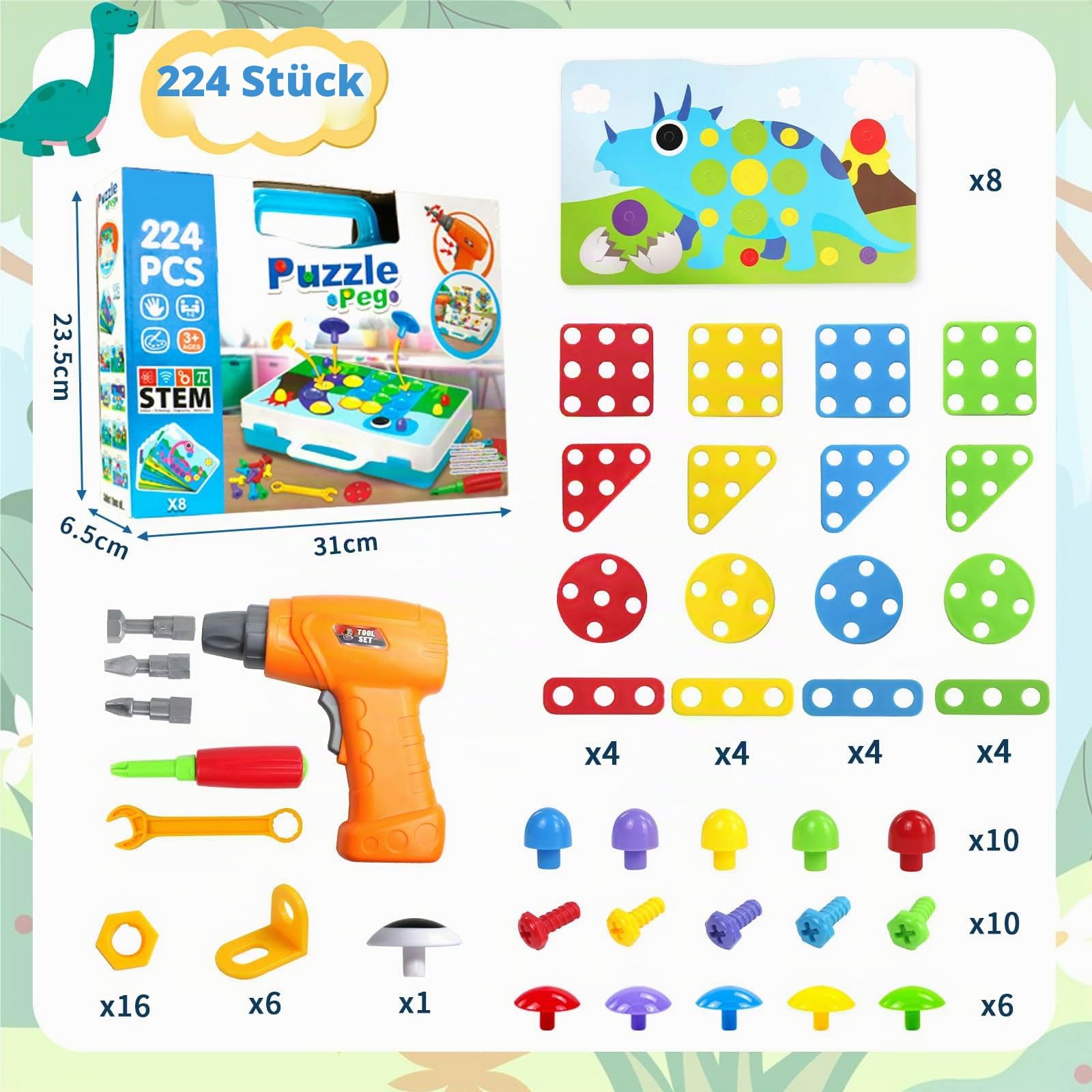 Spielzeug ab 3 Jahre Mosaik Steckspiel mit Elektrische Bohrmaschine Schrauben Steckspiel Kinder Werkzeug Montessori Spielzeug Puzzle ab 3 Jahre Akkuschrauber Geschenke 3 4 Jahre Junge 224 Stück