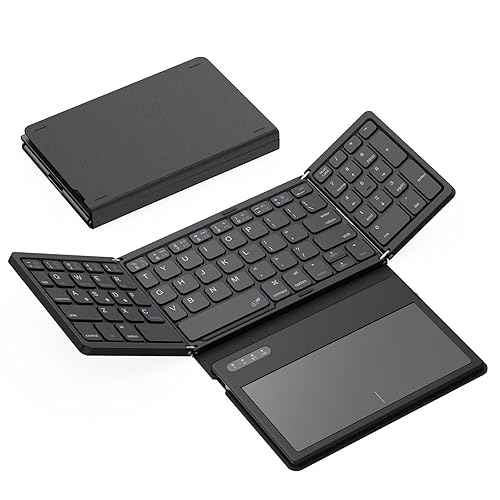 GEODMAER Foldable Bluetooth Keyboard, Portable Full Size Folding Keyboard with Large Touchpad, Numeric Keypad, PU Leather, Wireless TravelKeyboard for Windows Android Mac(Sync up to 3 Devices) - Black