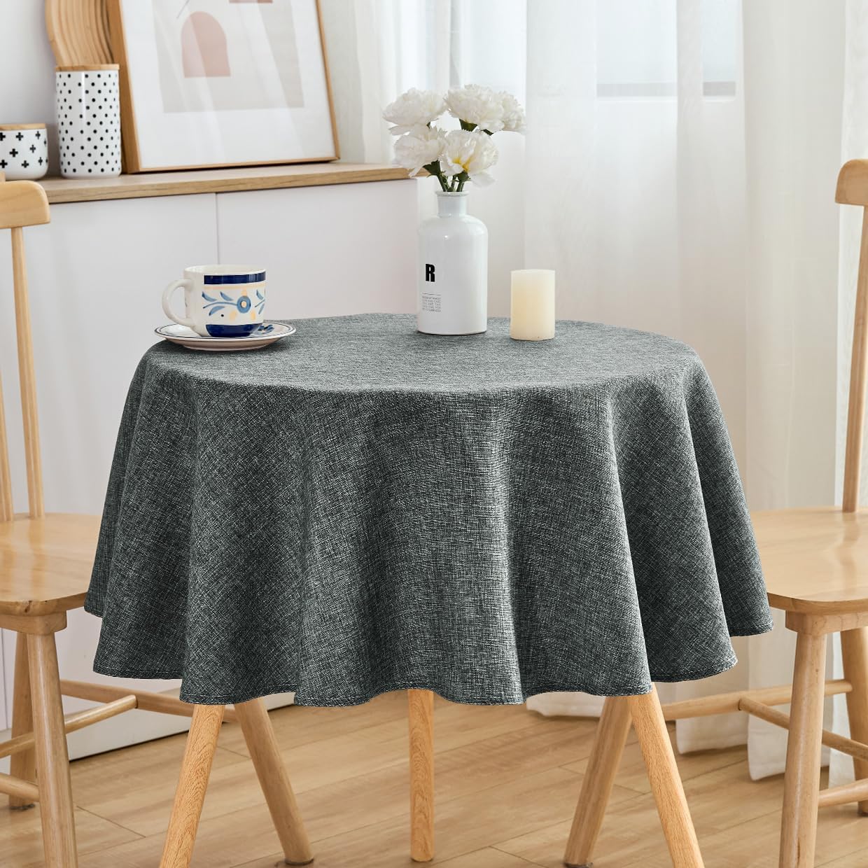 SPRICA Round Tablecloth 48inch/122cm Diameter Water Resistant Linen Effect Coarse Weave Rustic Durable Solid Color Table Cover, Dark Grey