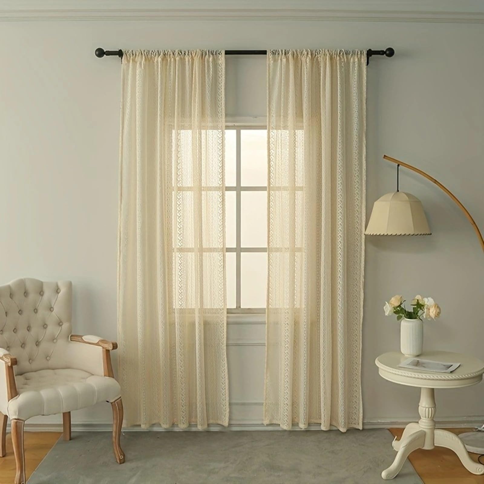 Rideaux beige en dentelle crochet KnSam pour salon bohème chic de 100x150 cm