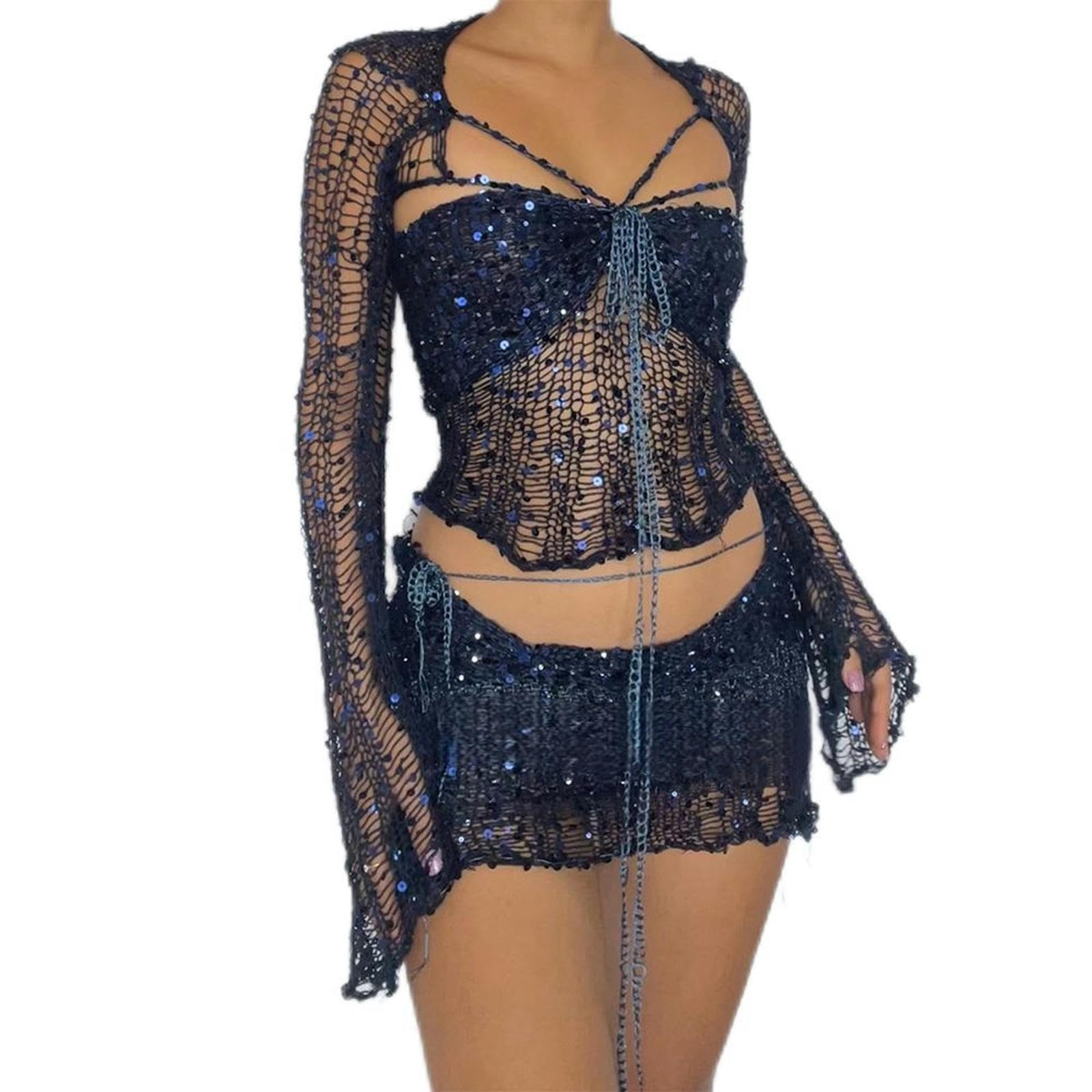 Vêtements européens et américains 2023 Nouveau Pull tricoté à Paillettes Costume Trois pièces-Rose-M