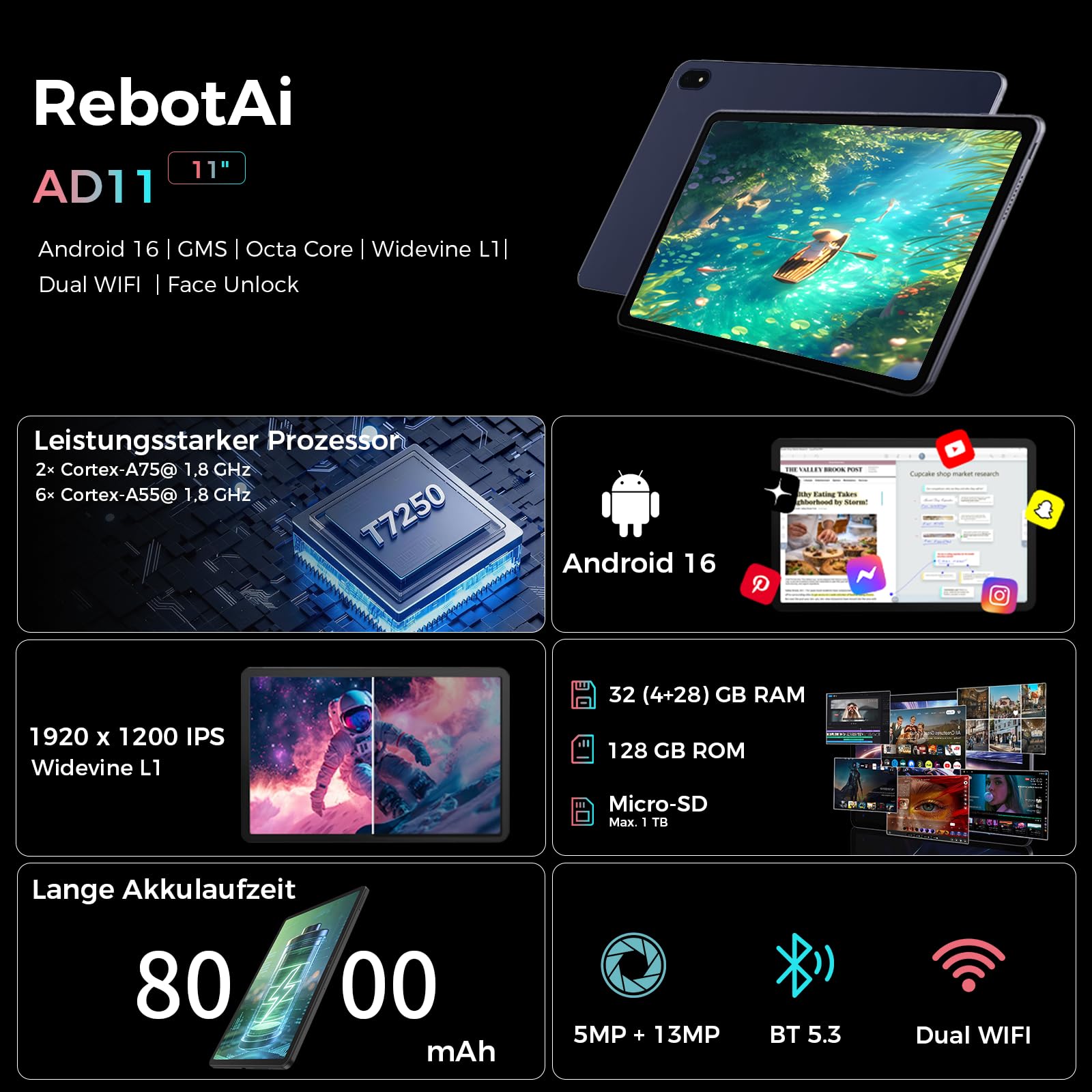 2026 Tablet 11 Zoll Android 16 Tablets, 32GB RAM+128GB ROM/1TB TF, 8000mAh Tablet Octa-Core 1920 * 1200 IPS, 5+13MP/Widevine L1/18W Schnellladung