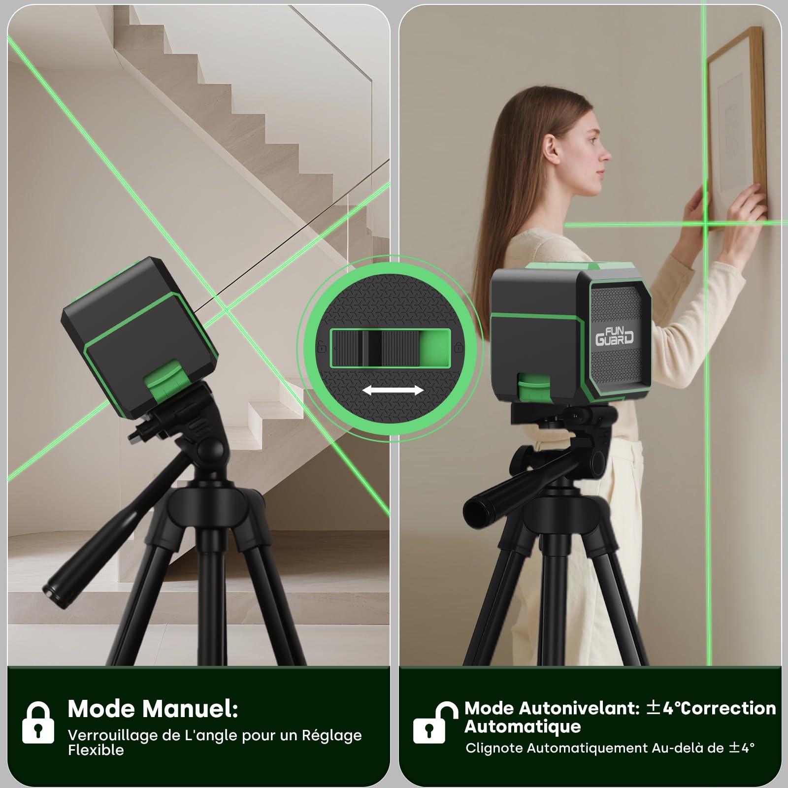 Niveau Laser Vert avec trépied, Autonivelant, 2 x AA piles | 30M Horizontal/Vertical Lignes, IP54 pour Les Chantiers,Décoration d'intérieur, DIY
