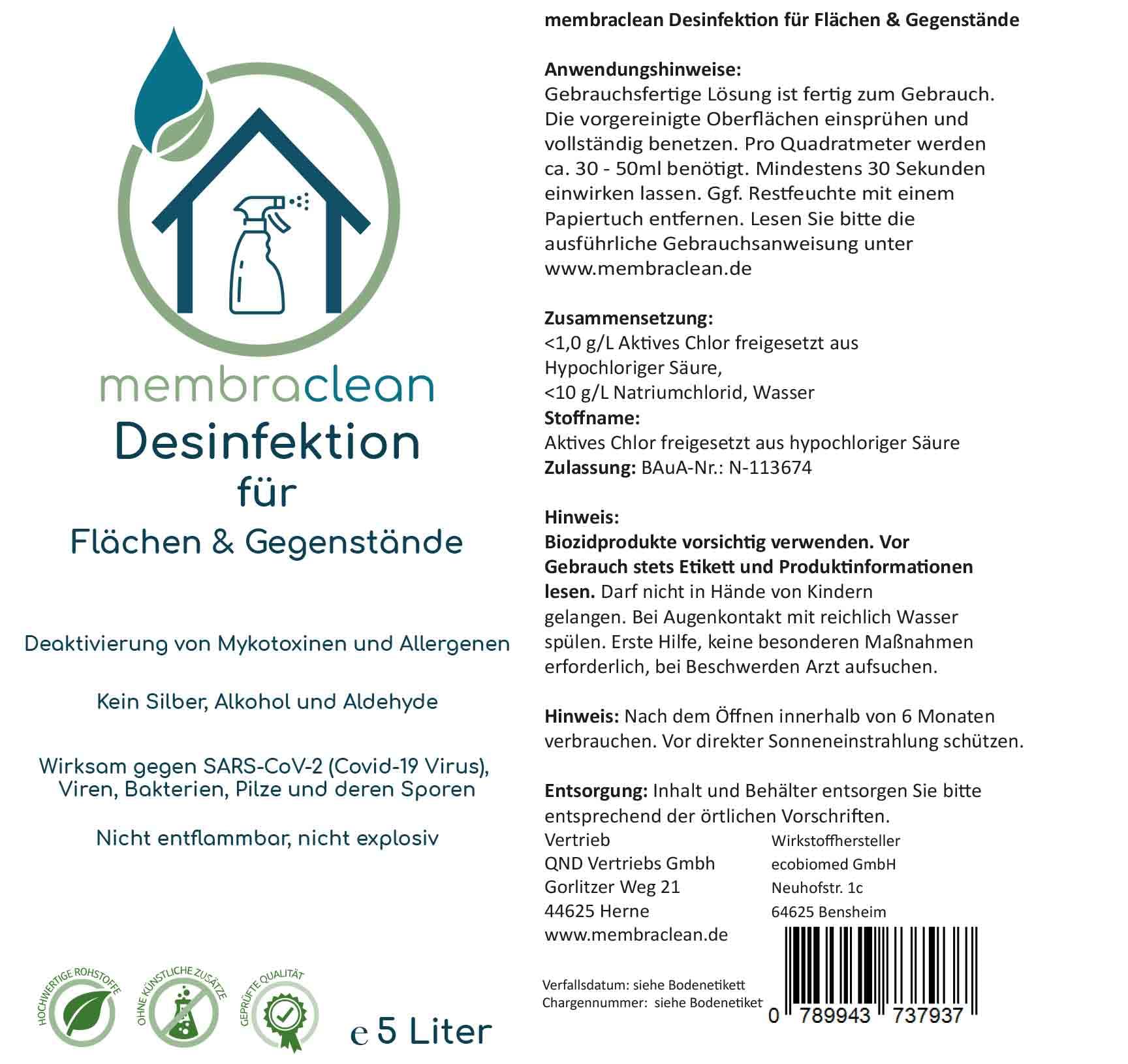 5 Liter membraclean Desinfektion für Flächen & Gegenstände im Kanister, zur sicheren und schnellen Desinfektion, für alle sensiblen Bereiche - Zugelassen in den Klassen PT 2, PT 3, PT 4