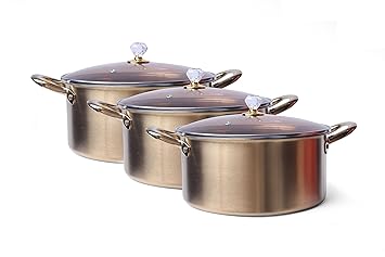 Gold Stanton Stainless Steel 3 Piece Casserole Set with Glass Lid, Boiled Noodles Pan, Fast Heating, Soup Pot Cooking Pots Set, 3 Pcs Kitchen cookware Set with Double Handle (20,22 & 24 Cm Diameter)