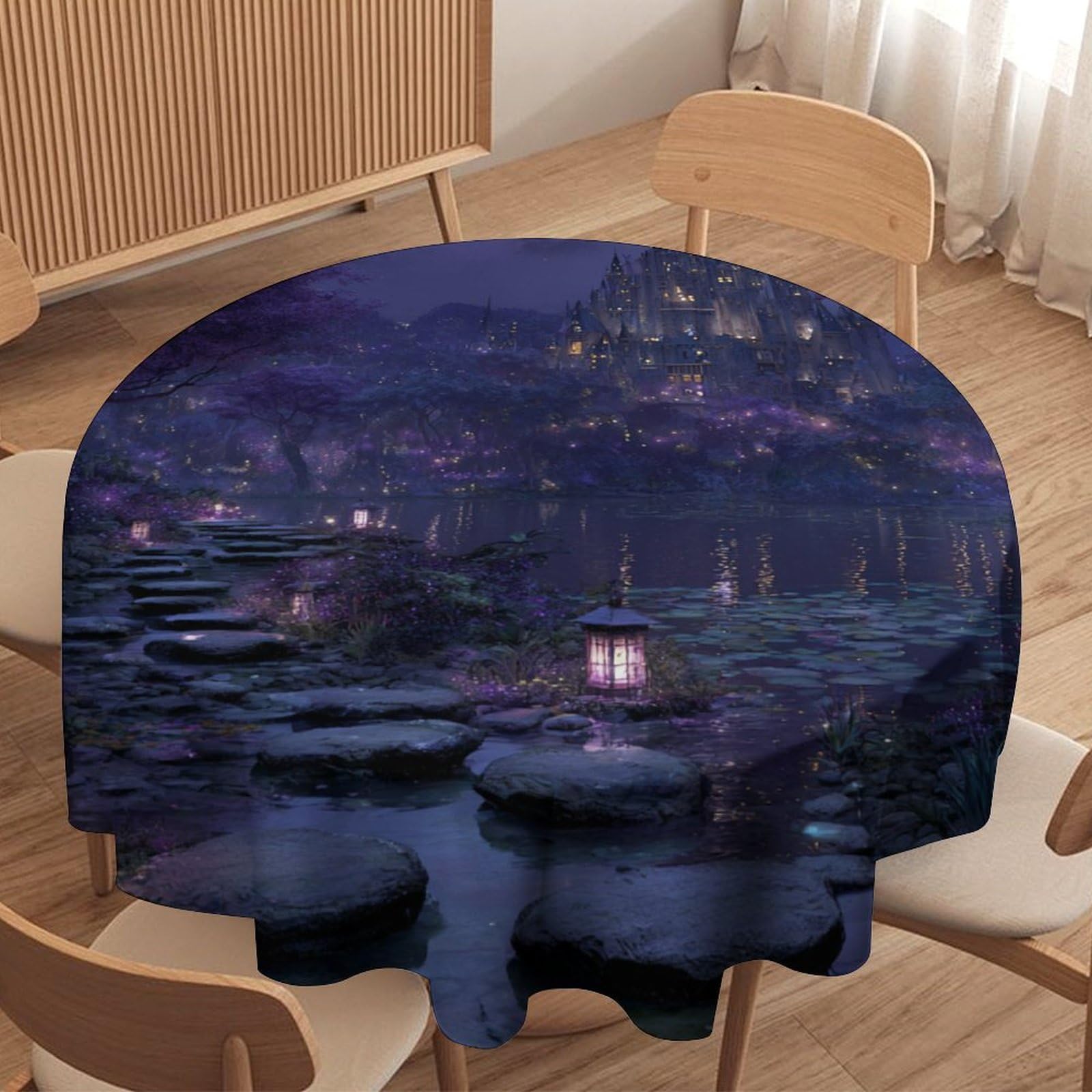 Luyysky Vintage Classic Fantasy Castle Waterproof Round Tablecloth Romantic Rustic Moon Starry Sky Galaxy Lake Plant Flowers Washable Table Cover For Kitchen-152.4" Wx152.4 L Cm