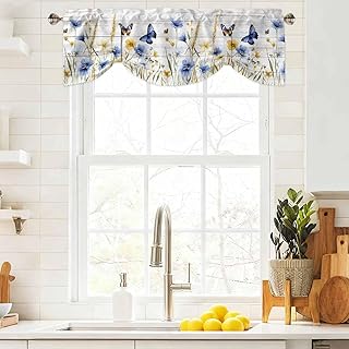Country Flowers Butterflies Tie Up Valances for Windows,Adjustable Curtain Valance,Rod Pocket Light Filtering Window Shade for Kitchen Bathroom Living Room,42x12in,Yellow Blue Floral on Wood