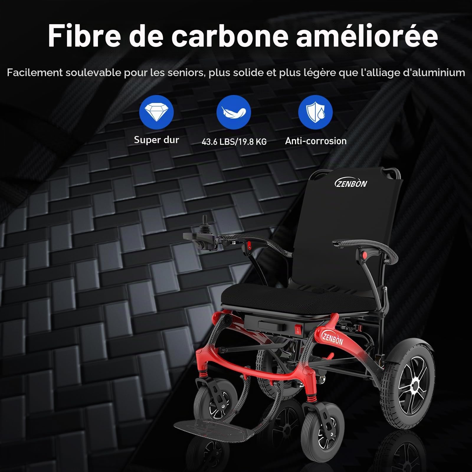 Fauteuil roulant électrique pliable en carbone 19,8 kg : 25 km fauteuils roulants électriques pour tous les terrains jusqu'à 150 kg
