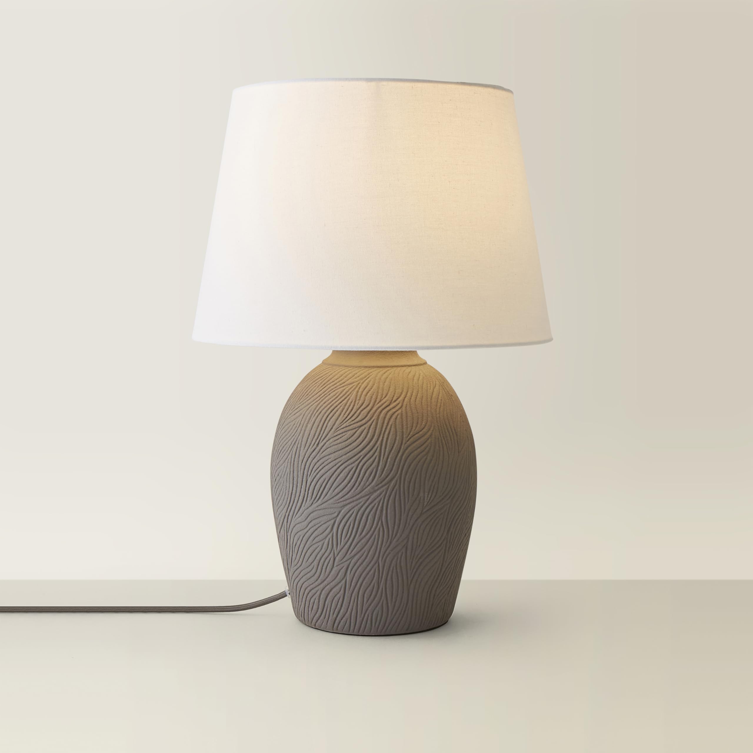 ValueLights Clint Linen Tapered Shade Grey Etched Large Hand Finished Ceramic Table Lamp in Mid Grey