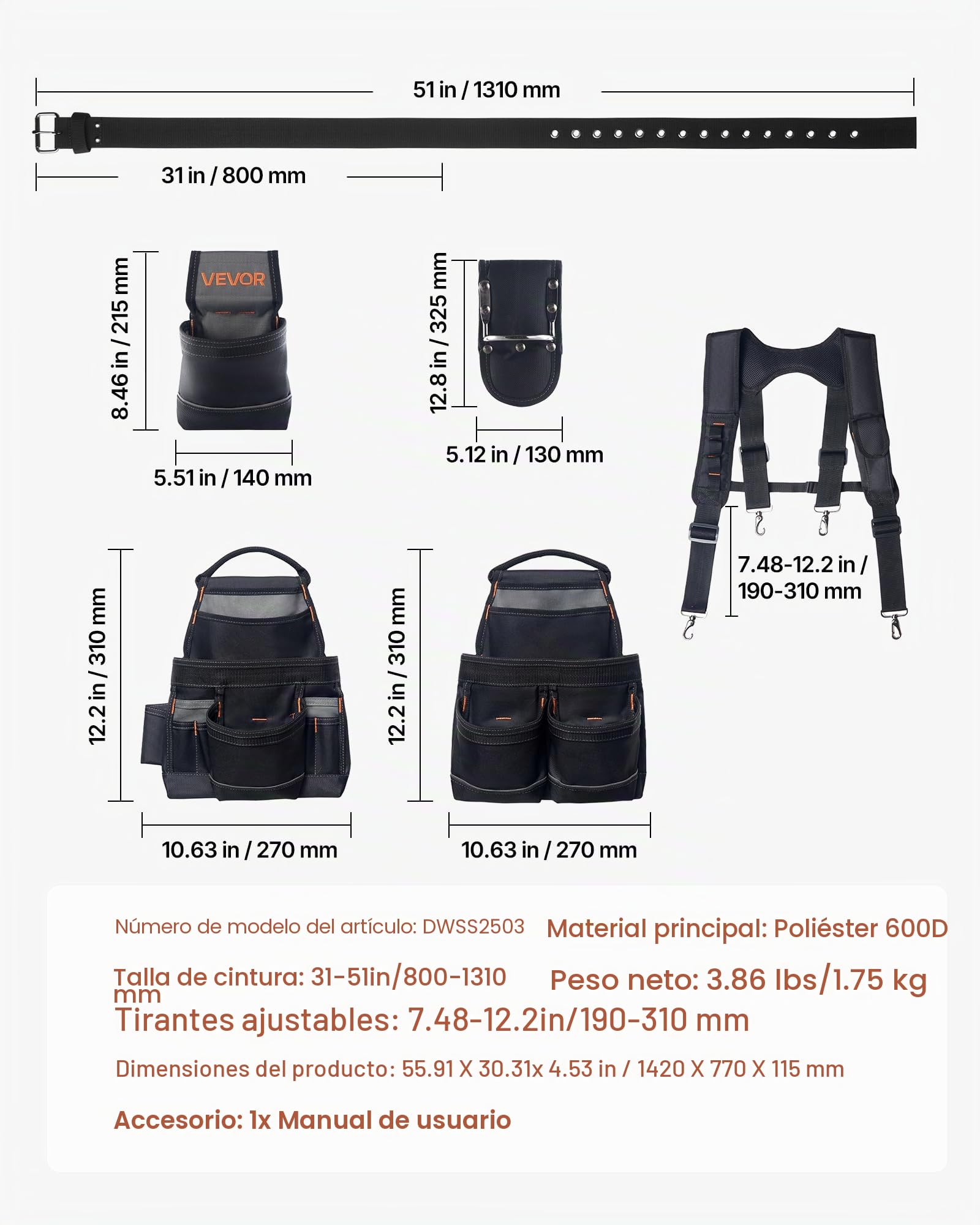 VEVOR Cinturón Portaherramientas para Profesionales, con 19 Bolsillos y Tirantes, para Electricistas, Carpinteros y Trabajadores de la Construcción, Ajustable de 800 a 1310 mm, Poliéster 600D