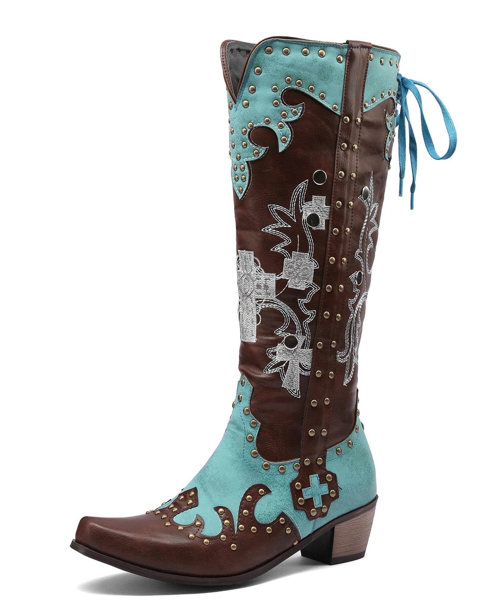 KOKOMOMO Floral Embroidery Cowboy Boots for Women Knee High Cowgirl Boots Chunky Heels Studded Western Country Boot 2