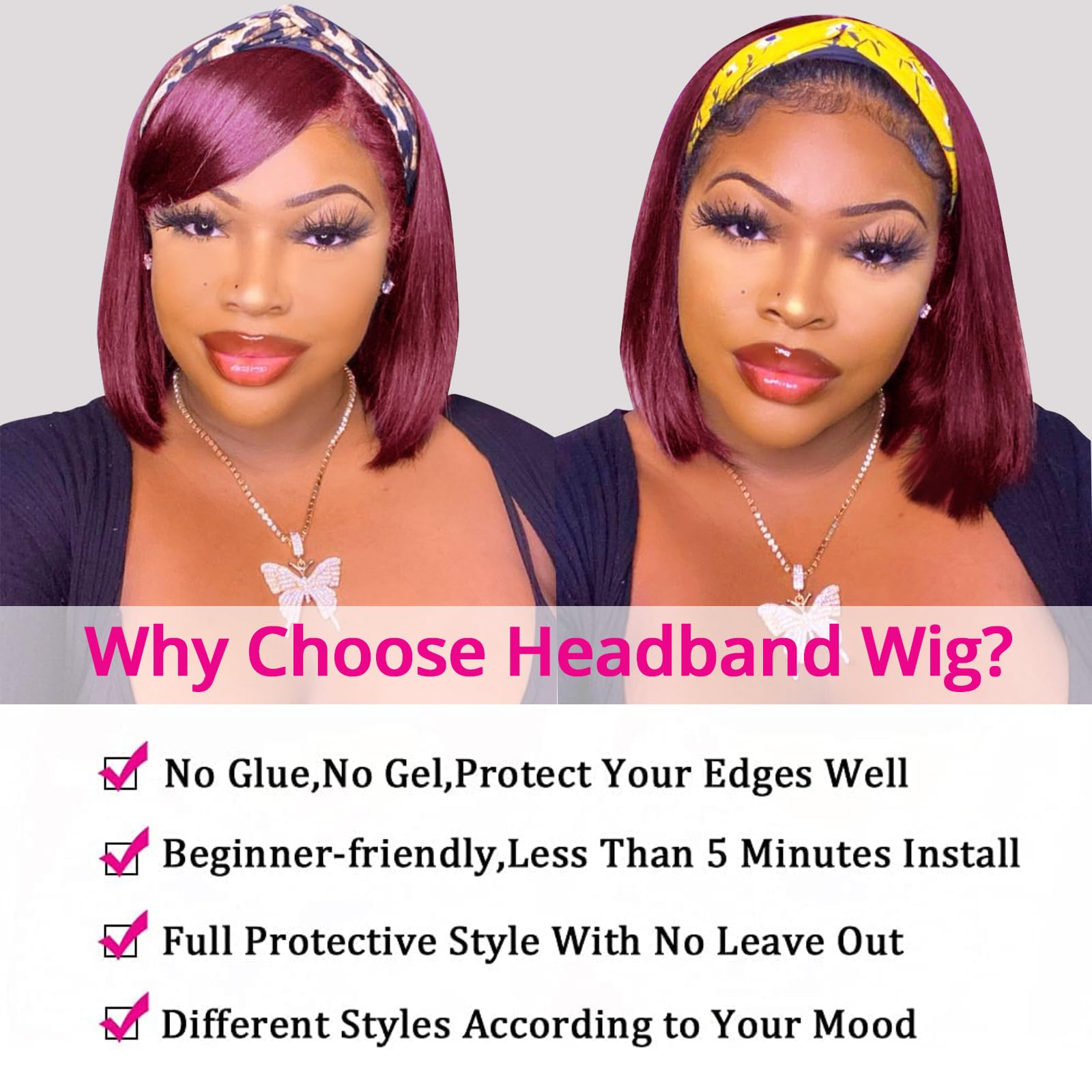 Bob Headband Wig Human Hair 99J Burgundy Glueless Wig Short Straight Bob for Amazon.com : OLFORY 99j Burgundy Bob Wig Human HaIr Wigs  main image 3