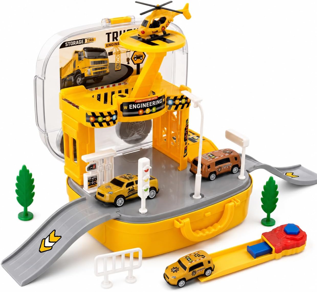 Maleta de Carrinhos de Engenharia e Pista Portátil Brinquedo Educativo com Lançador de Helicóptero e Veículos Die-Cast para Menino e Menina a partir de 3 Anos Presente Criativo