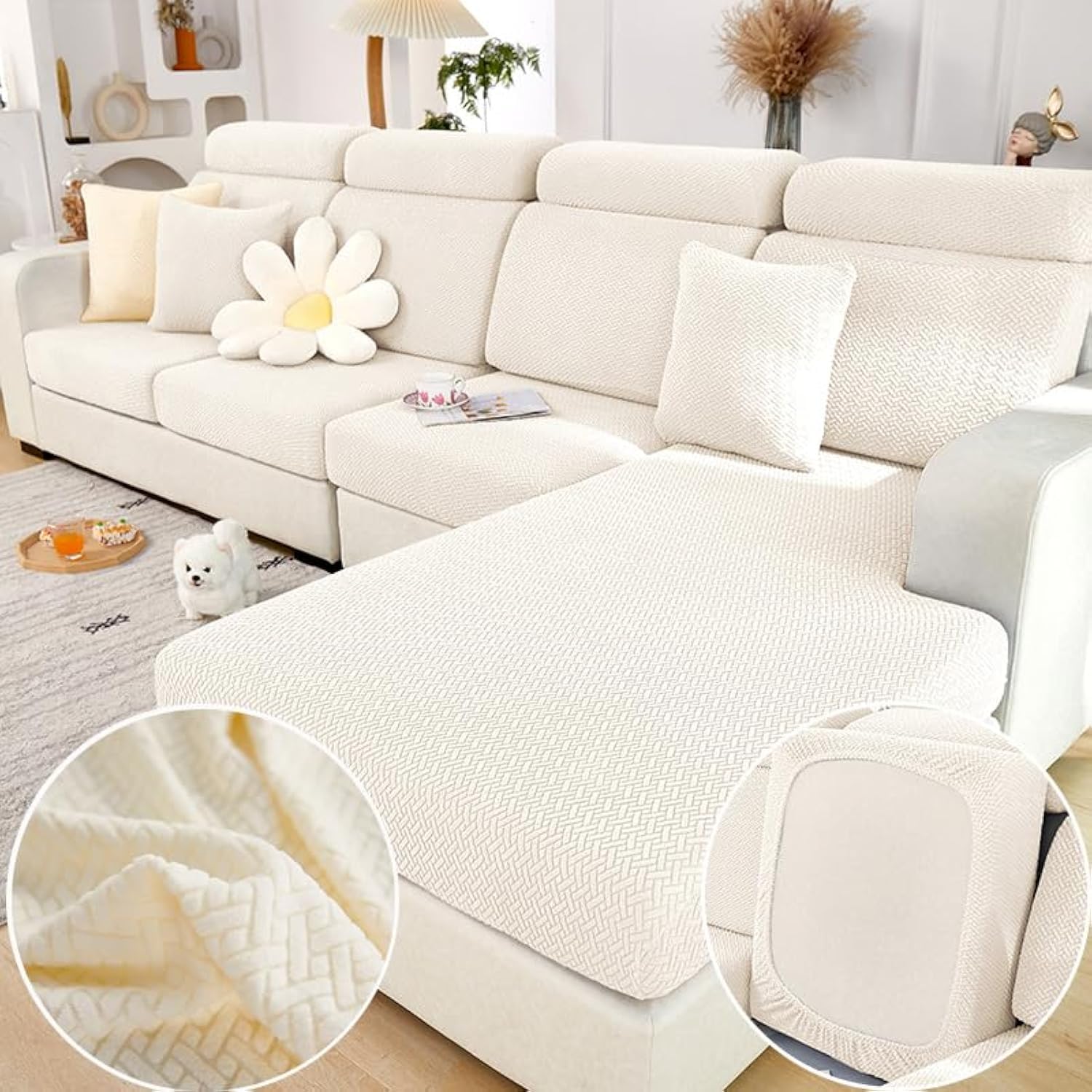 MAOILY Soothing Home Sofa Covers, Sofa Hero Covers for Couch, Couch Cushion Covers, Magic Sofa Covers Washable Sectional Couchs Cover Stretch Slipcovers for Pets (Ivory White,Chaise Cover)