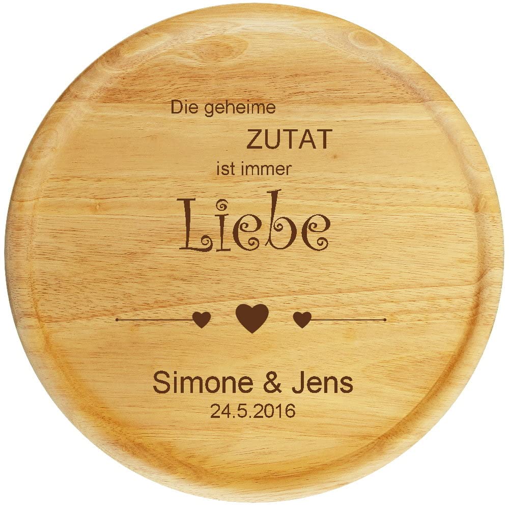 Pizzateller mit Gravur (Namen) personalisiertes Holz Pizzabrett 32cm - Geschenkidee zur Hochzeit, Geschenke Jahrestag Jubiläum Hochzeitsgeschenke, Motiv P16 Geheime Zutat Liebe