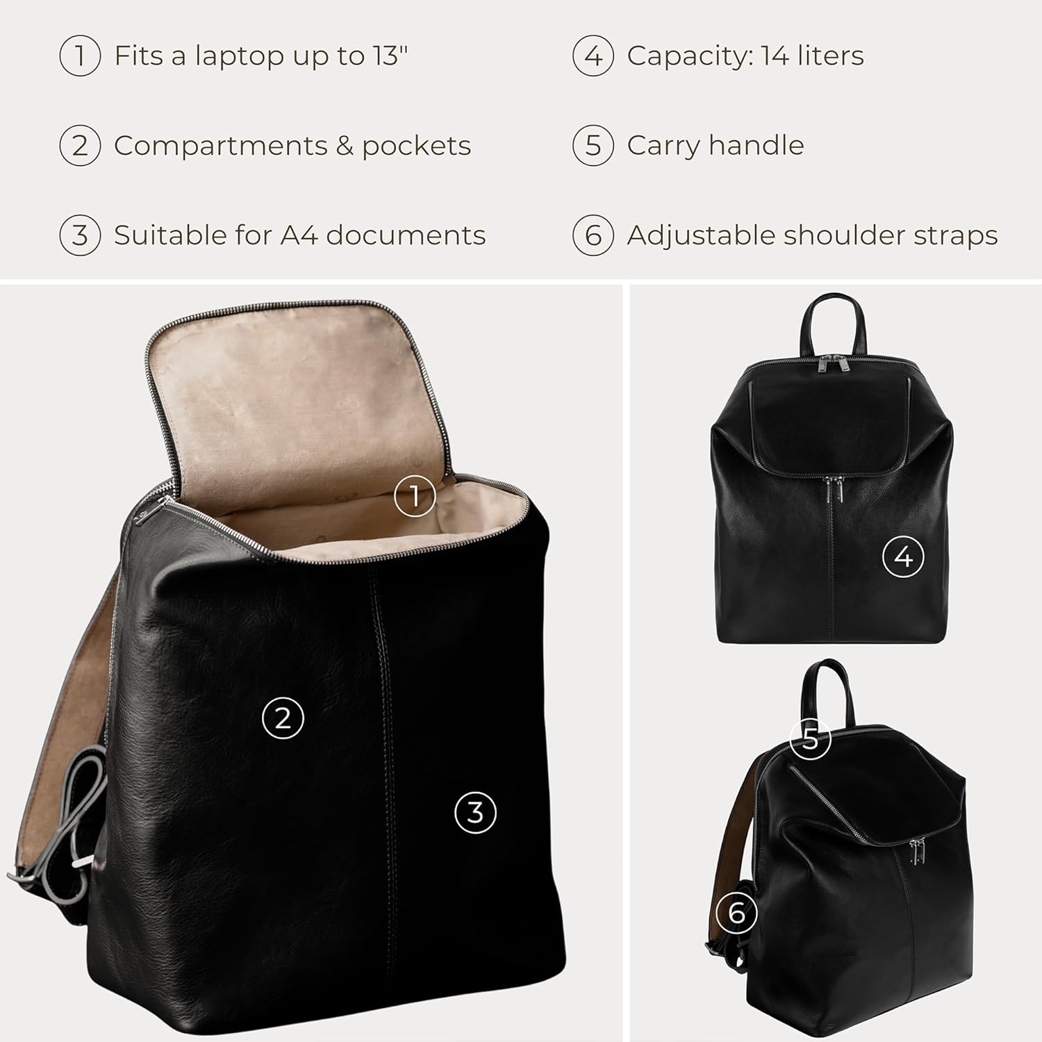 Time Resistance Leather Backpack - Unisex Business Rucksack Laptop Bag for Bag and Women (Black) - Image 6