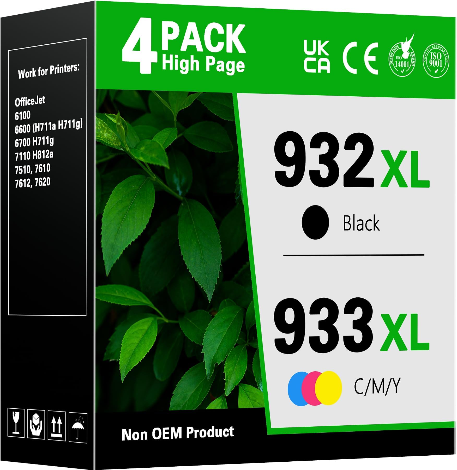 932XL 933XL High Yield Ink Cartridges (1Black/1Cyan/1Magenta/1Yellow) Replacement for HP 932 933 XL Ink Cartridge Combo Pack Replacement for HP OfficeJet 6100 6600 6700 7110 7510 7612 7610 Printers