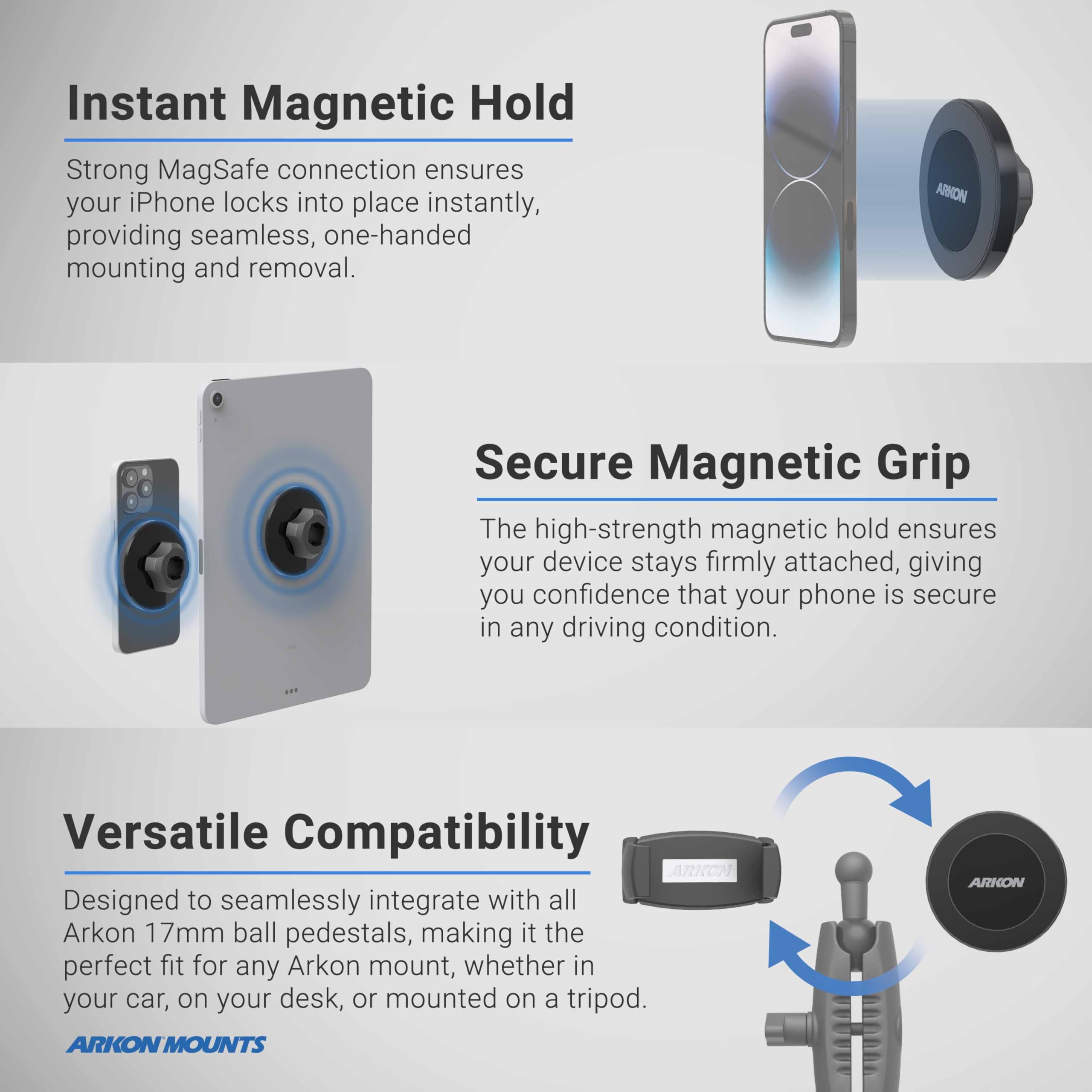 ARKON Supporto magnetico per telefono con ventosa, forti magneti al neodimio, supporto a ventosa per parabrezza e cruscotto, girevole a 360° per un facile posizionamento, per iPhone, Galaxy e altro