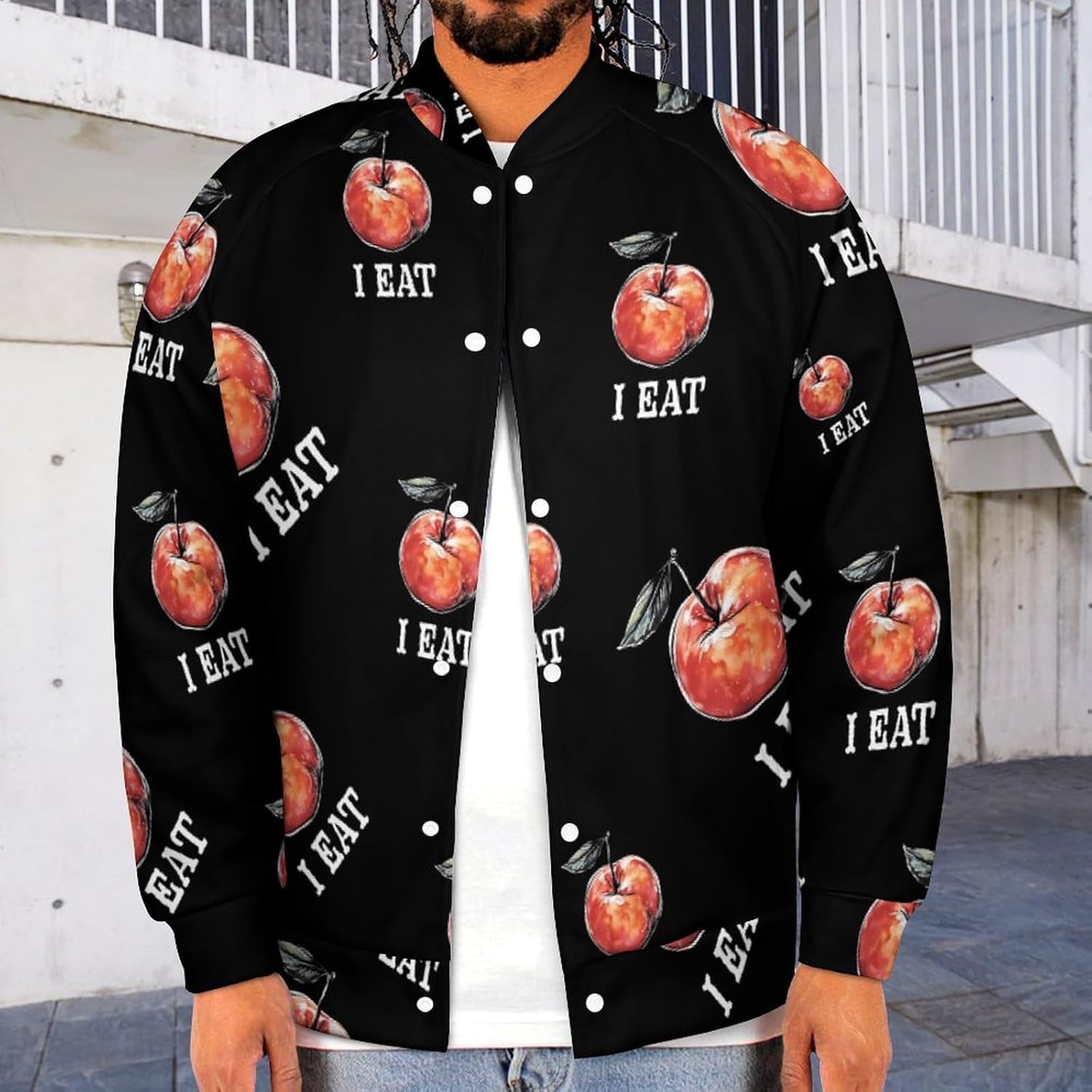 I Eat Peach Novelty Men's Baseball Jackets Causal Sweatshirt Button Top Long Sleeve Coat