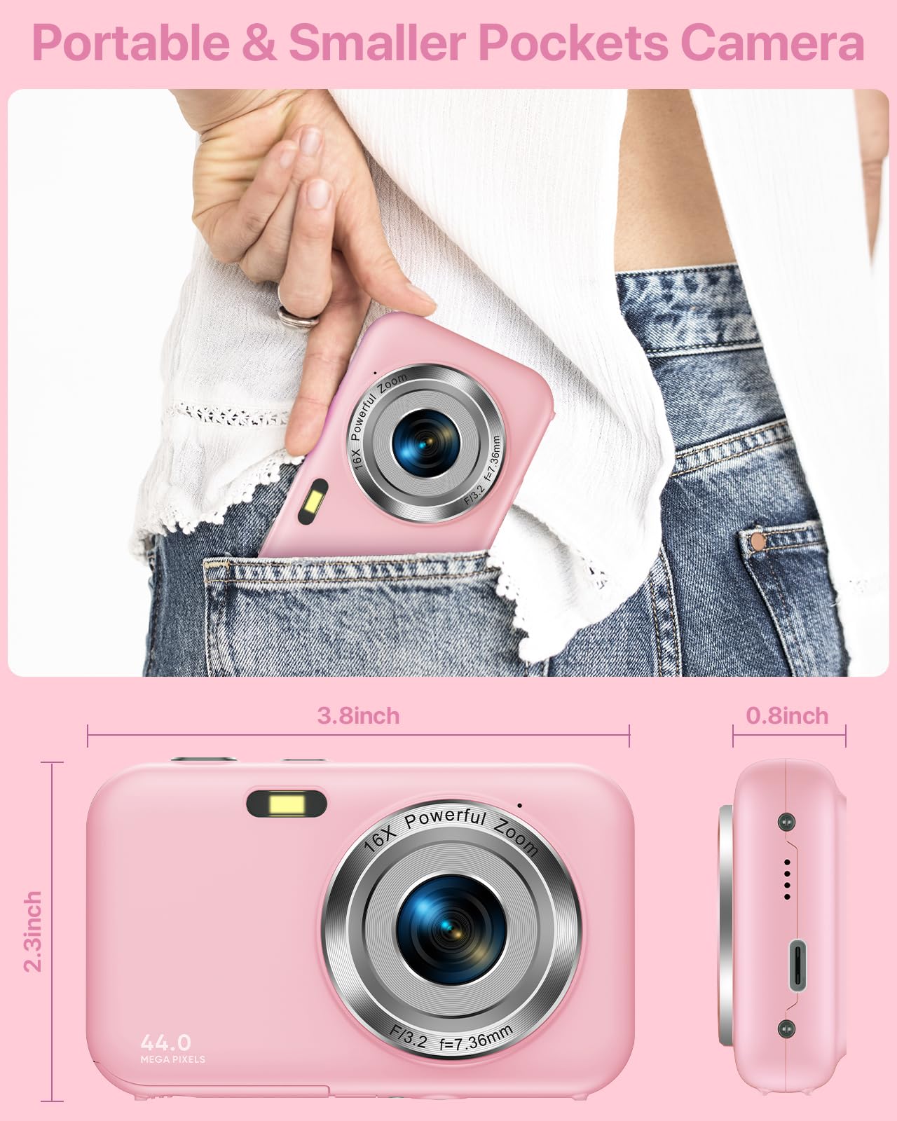 Macchina Fotografica Compatte 1080P, Fotocamera Digitale 44MP con Scheda 32GB, 2.4"LCD Fotocamera Compatta con 16X Digitale Zoom, Mini Ricaricabile Fotocamera Digitale per Bambini (Rosa)