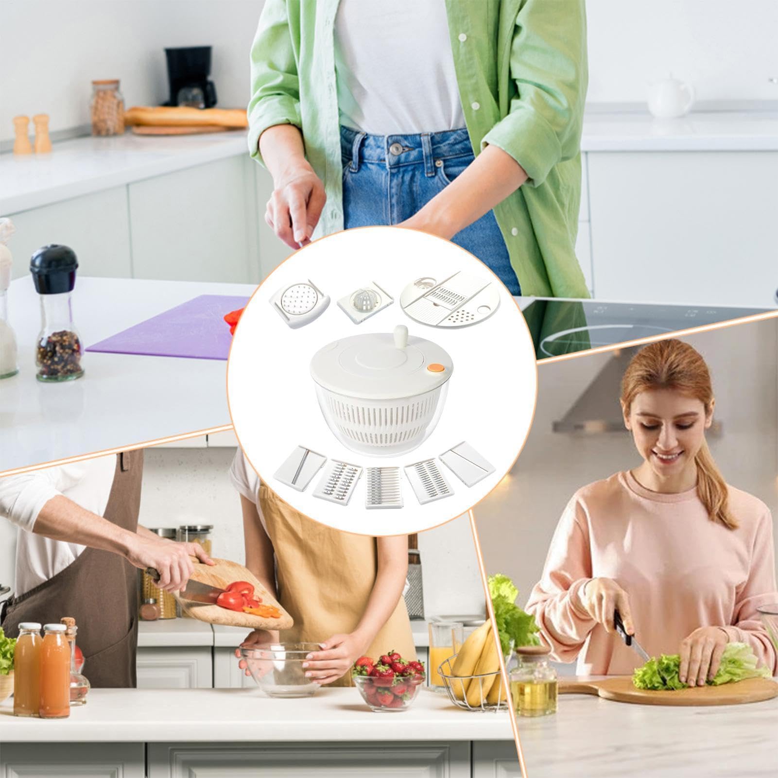 Generisch Salatschleuder mit Trockner, Abgießsieb und Reibe – | Kreativitätsunterstützung: Durch Kombination von Scheiben-, Raspel-, Entsafter-, Eigelb-Trenn