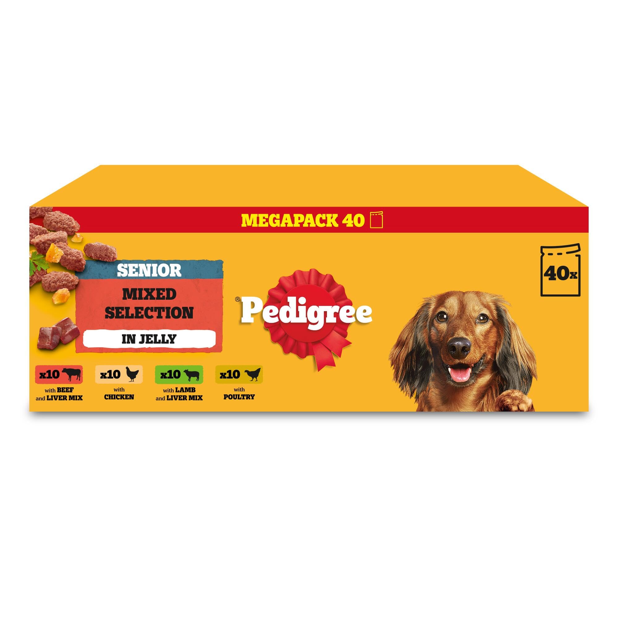 40 x 100g Pedigree Senior Wet Dog Food Pouches Mixed Selection in Jelly