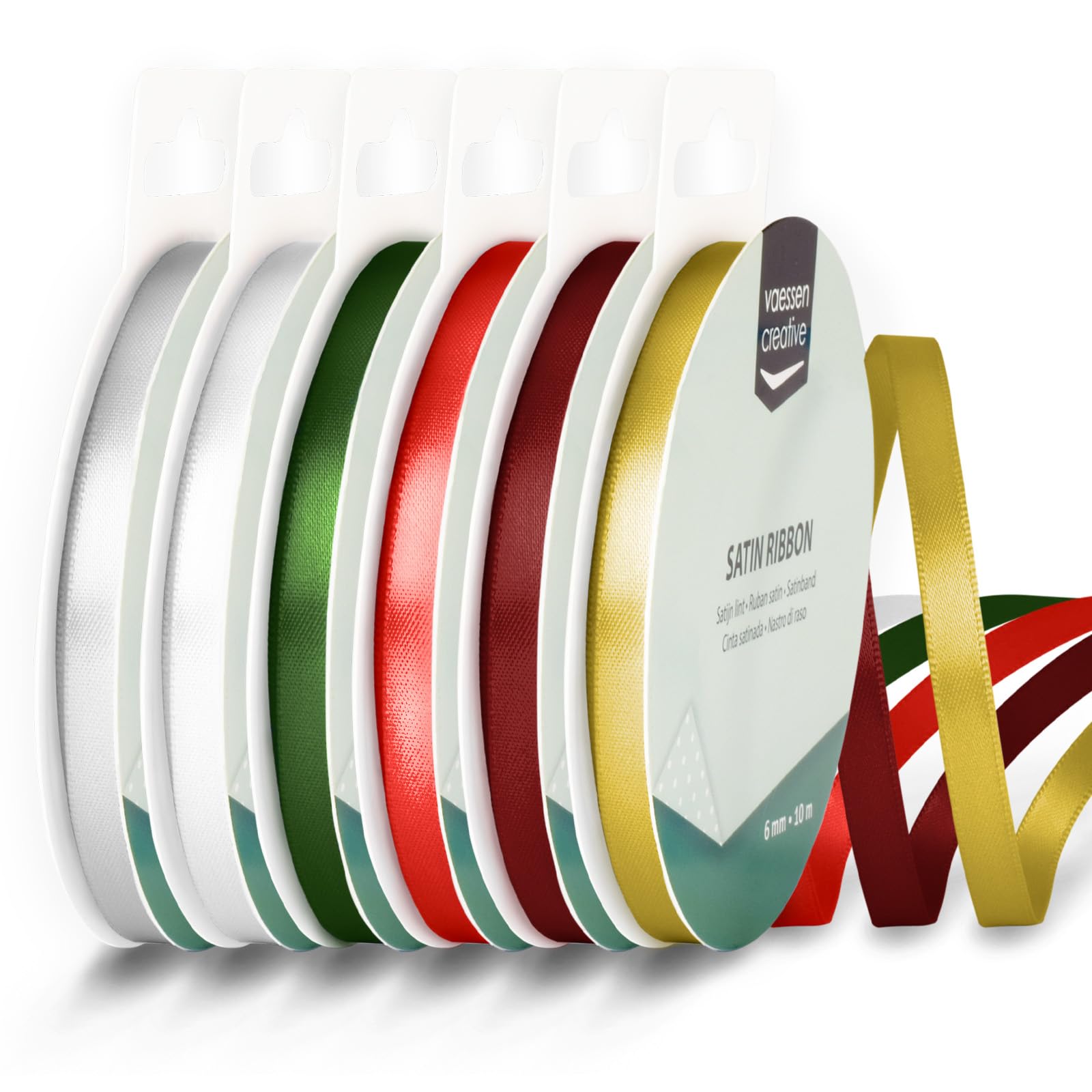Vaessen Creative Satin Ribbon 0.24" x 32.8 ft (6 mm x 10 m) - Double-Sided Thin Ribbons for Crafting and Gift Wrapping - Christmas Colours - 6 Pieces