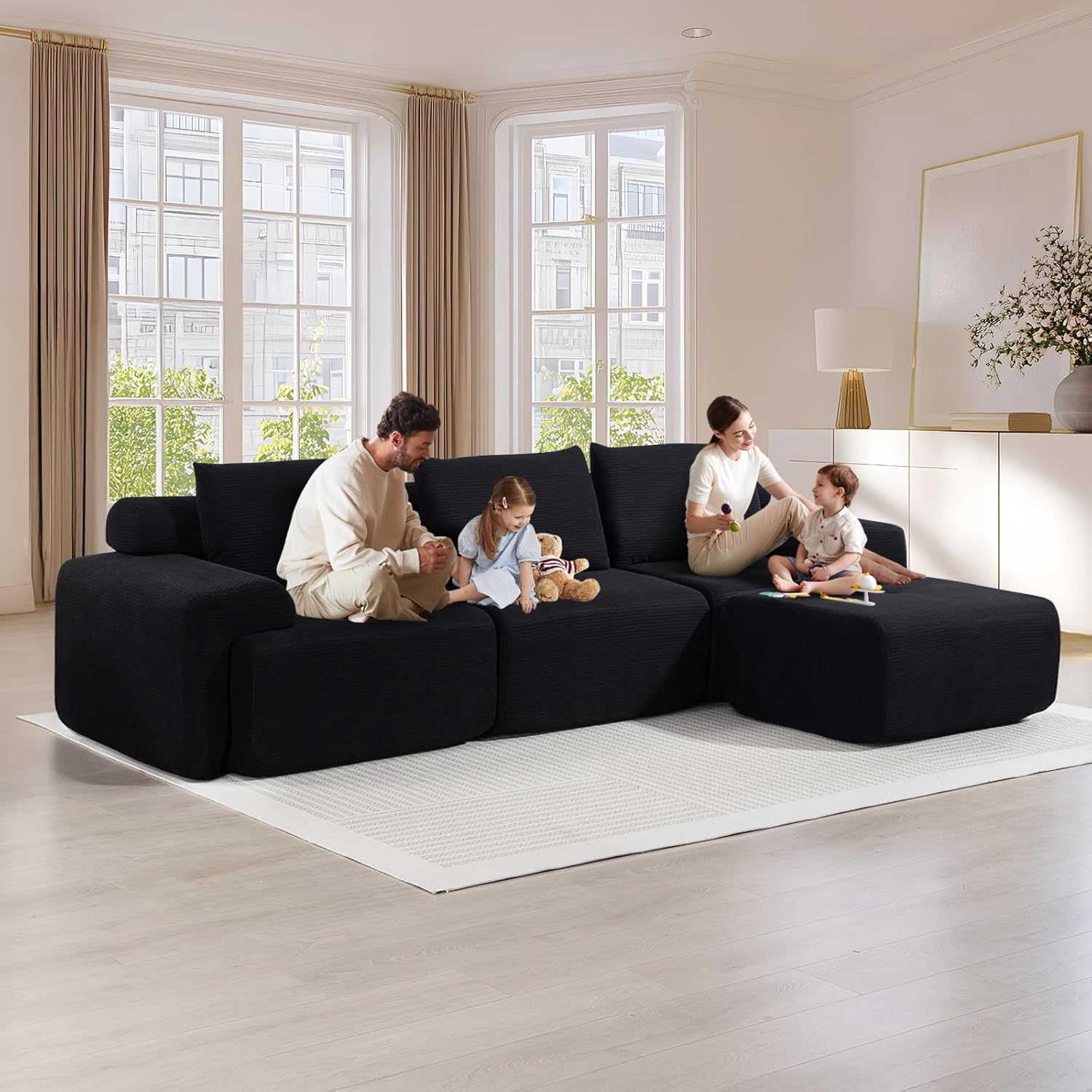 L-Shaped Sectional Sofa Bed with Memory Foam, No-Assembly Convertible Loveseat Couch, Corduroy Fabric Modular Sofa with Steel Frame for Living Room, Apartment, Bedroom, Small Spaces (Black)