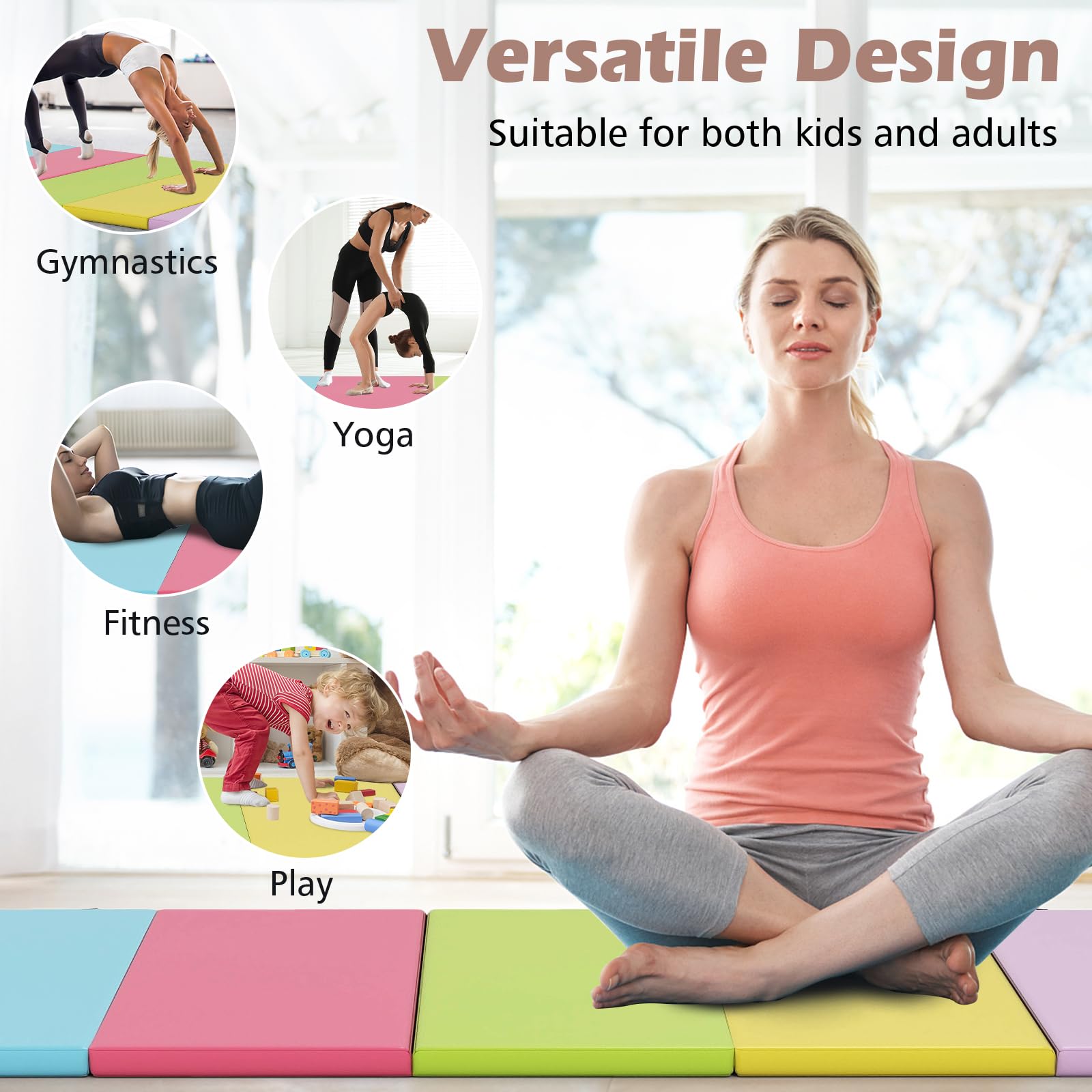 FANTASK Klappbare Weichbodenmatte, 200 x 75cm, Fitnessmatte aus PU 5 fach faltbar, Gymnastikmatte mit Tragegriff, Spielmatte, Sportmatte zuhause für Kinder Erwachsene, Macaron