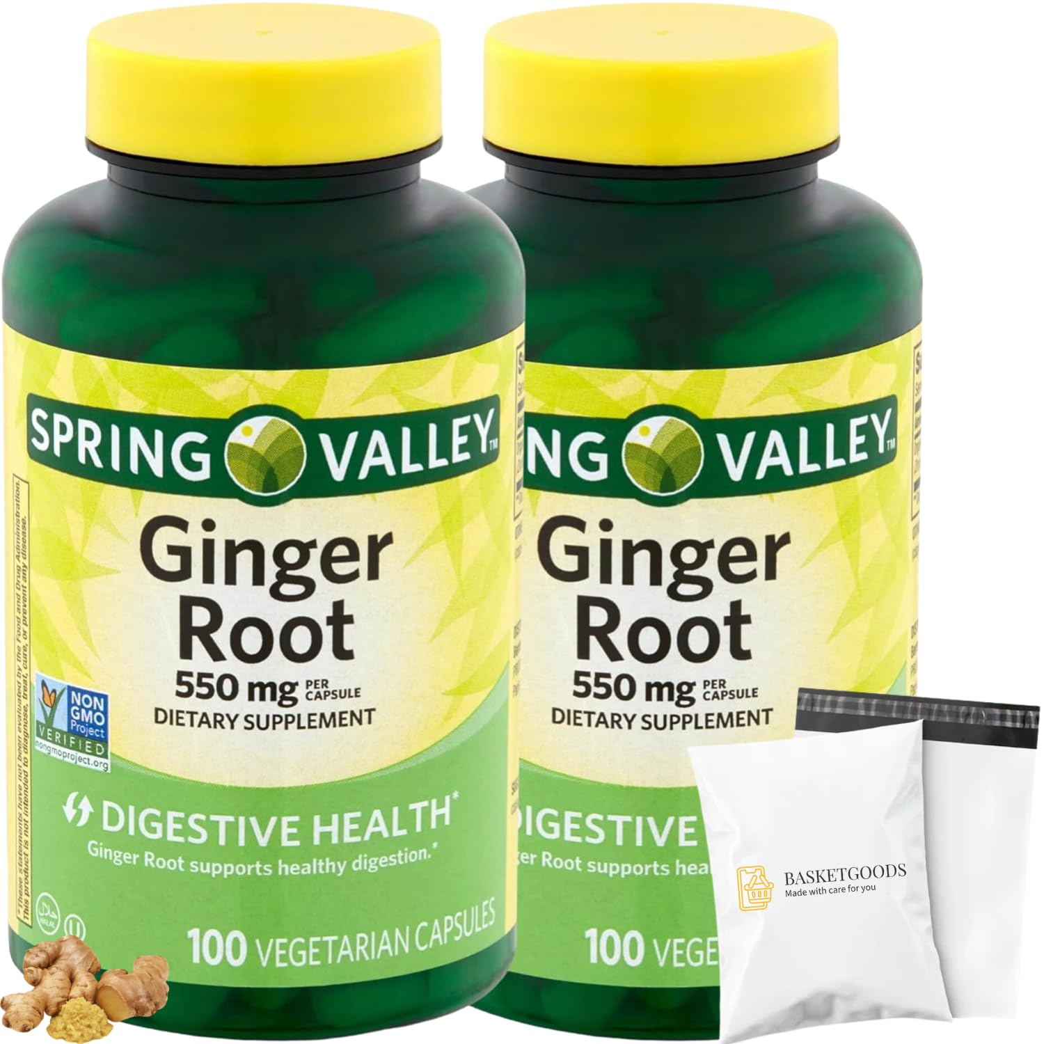 spring valley l carnitine plus ginger Root 550mg, Dietary Supplement Capsules, Digestive Health, 100 Count per Bottle (Pack of 2), Set with Basket Goods Store Polybag (1) : Health & Household SDM