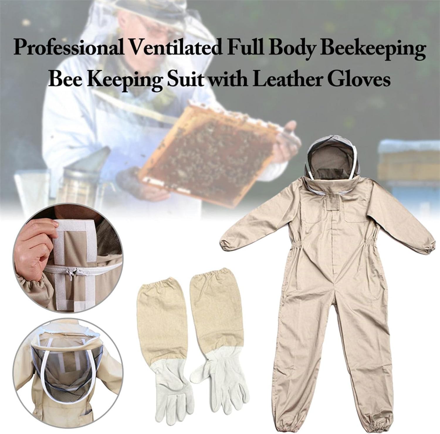 Tuta da Apicoltore per Apicoltori, Tuta da Apicoltore Professionale Tuta Protettiva per Apicoltura Completa per Il Corpo Tuta per Ape Ventilata con Elastico, Guanti in Pelle, L/XL/XXL