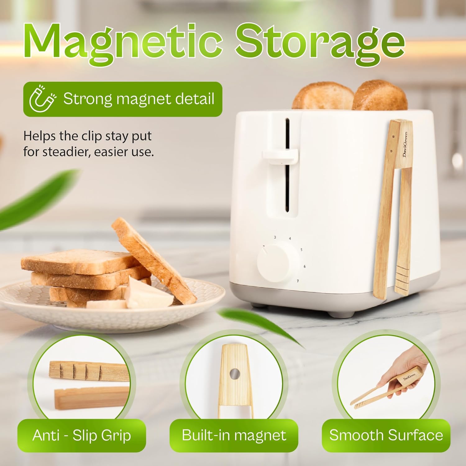 Magnetic Bamboo Toaster Tongs – 8 Inch | Toaster Tongs with Magnet | Handmade Natural Bamboo, Safe for Toasters & Nonstick | 1/2/4 Pack