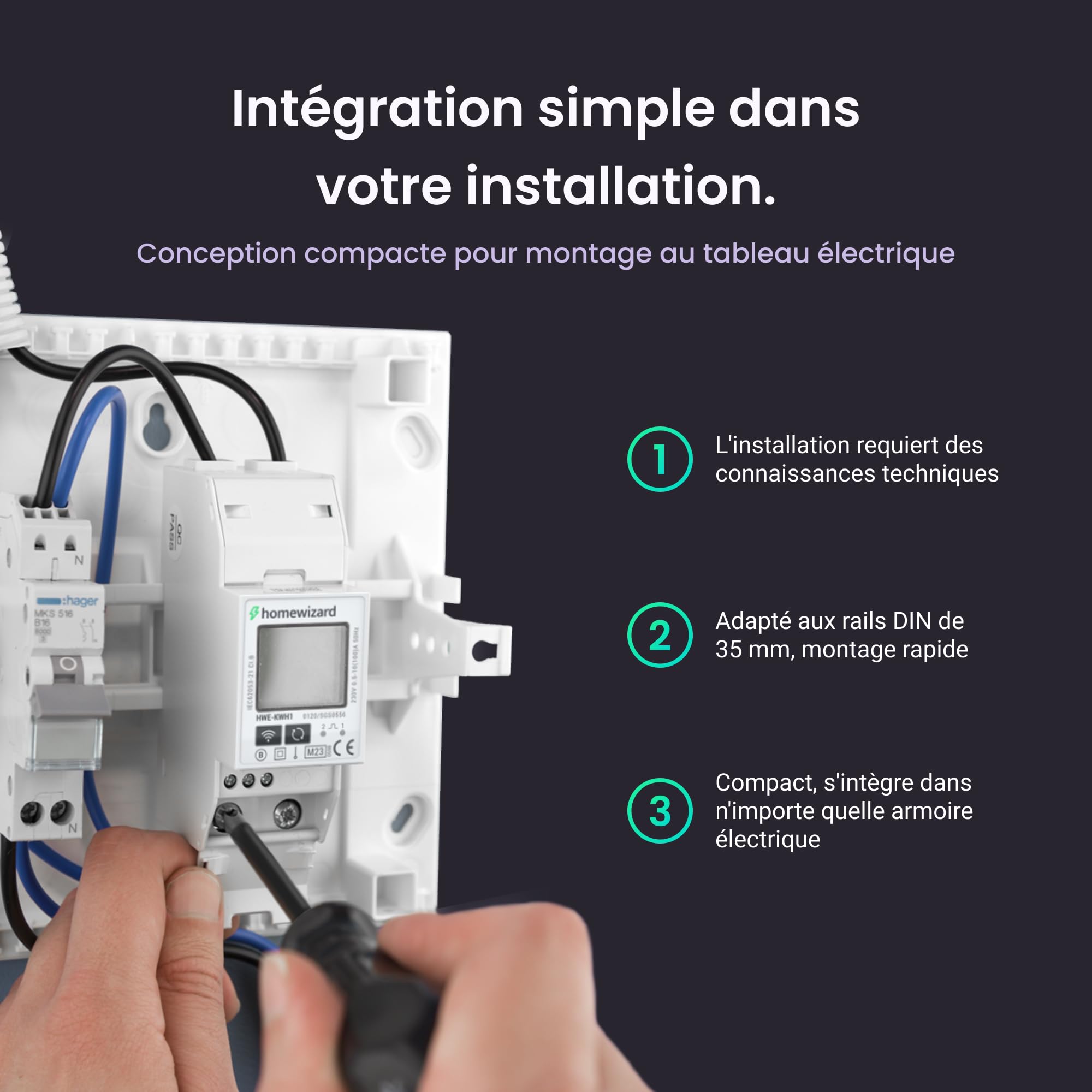 HomeWizard kWh mètre Wi-Fi 1 phase, certifié MID, rail DIN 35 mm, 100 A 230 V, compteur électrique pour solaire, pompe à chaleur, station de charge de voiture électrique, compteur d'alimentation