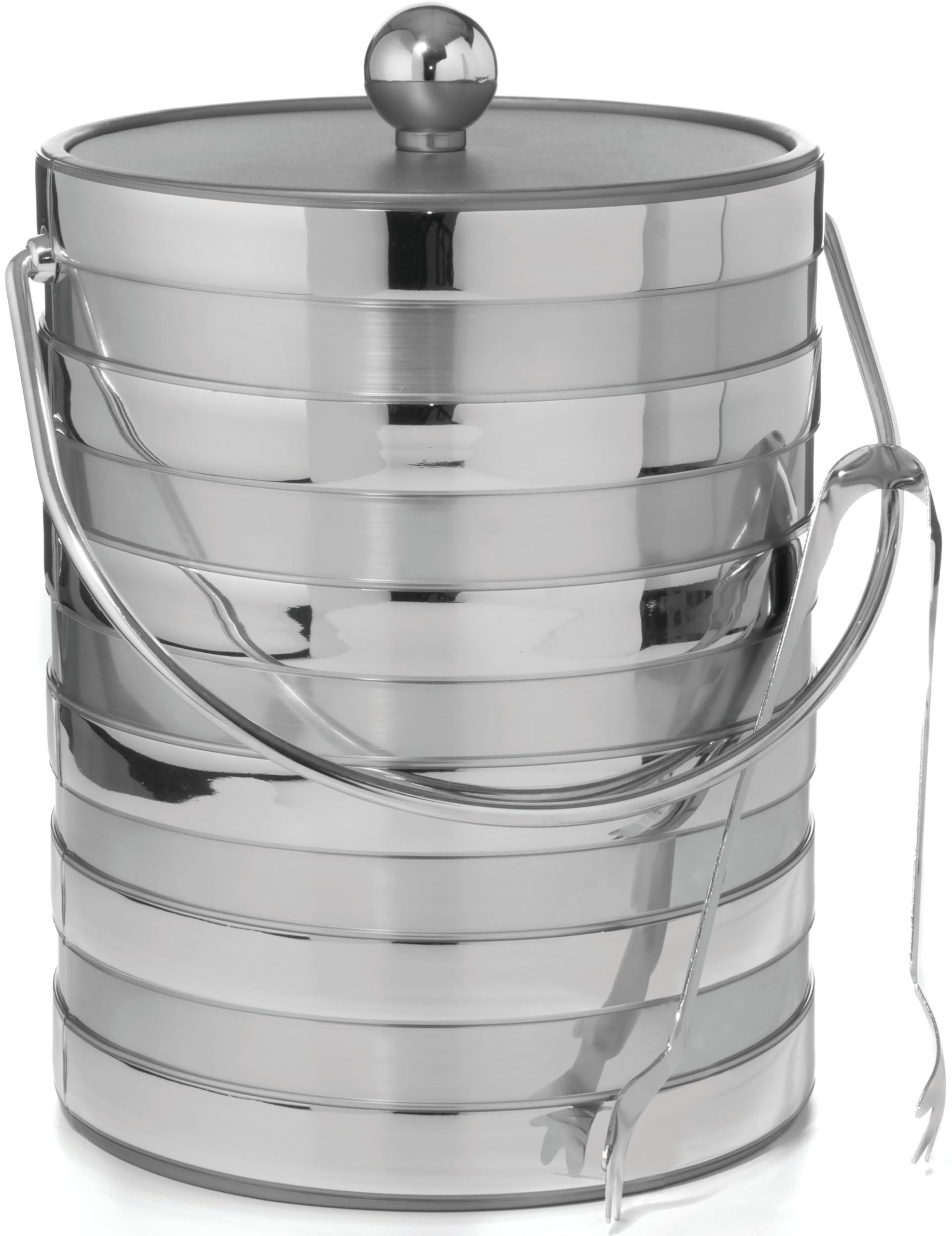 Hand Made In USA Metallic Deco Collection Double Walled Insulated Ice Bucket With Ice Tongs (5-Quart, Silver Stripes)