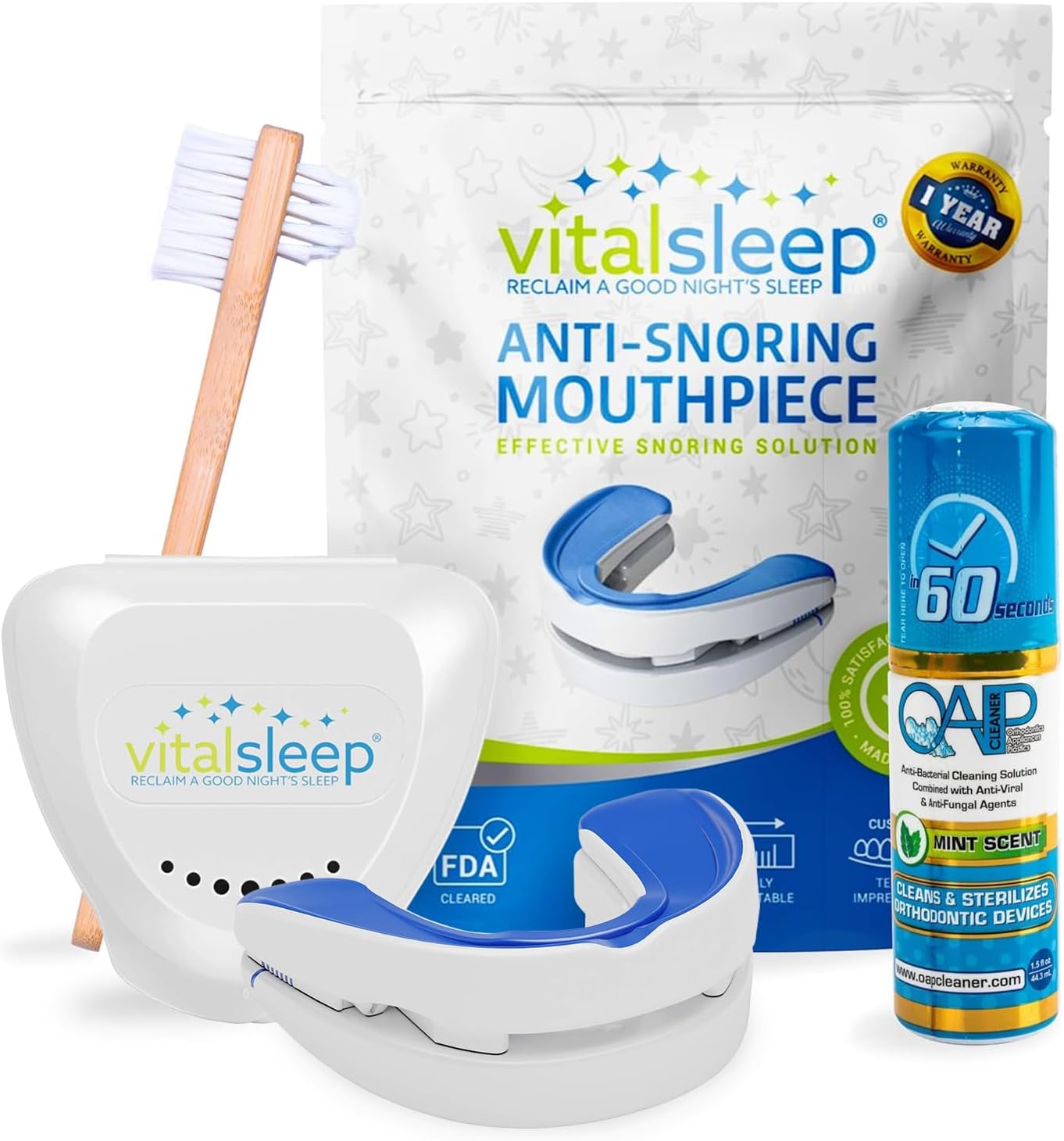 VitalSleep Anti-Snoring Mouthpiece + Cleaner, Men's Size – Adjustable, Custom-Fit Snoring Remedy – Comfortable Sleep Aid Mouthguard for Restful Nights – USA-Made, FDA-Cleared