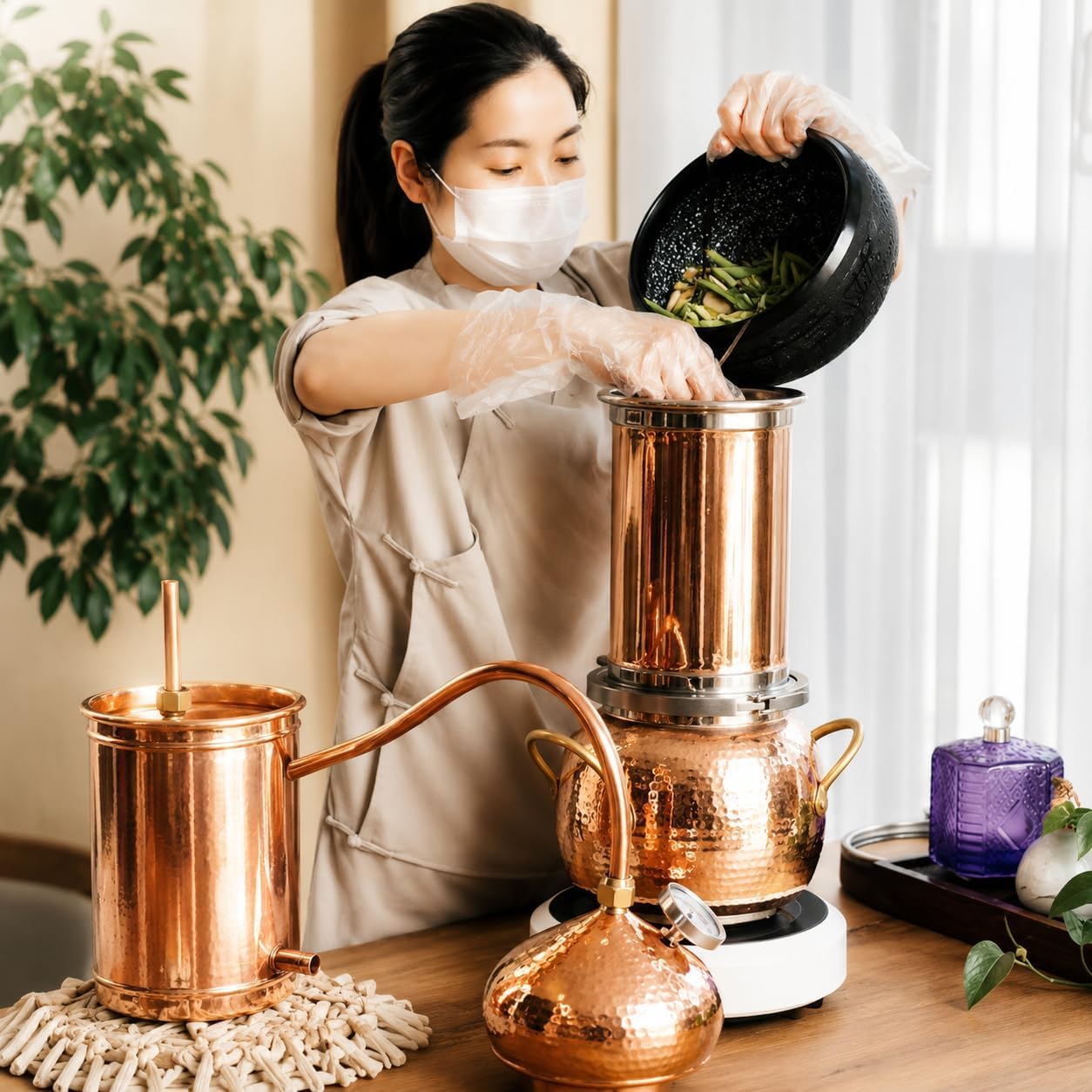 Kit de alambique de cobre de 2 litros con termómetro, destilador casero para whisky, destilación de aceites esenciales, destilación de lotes pequeños