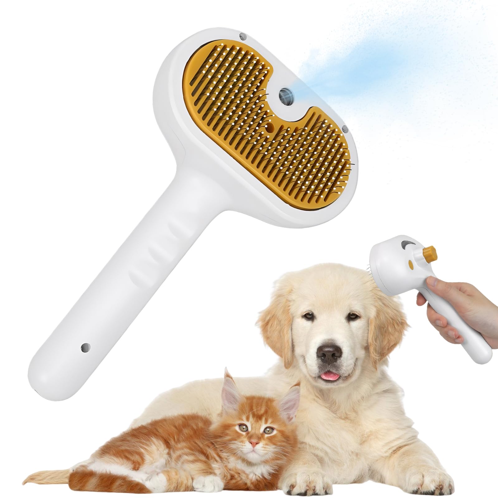 Cepillo a vapor 3 en 1 autolimpiante para gatos y perros, aseo con botón de liberación para pieles largas y cortas, recargable