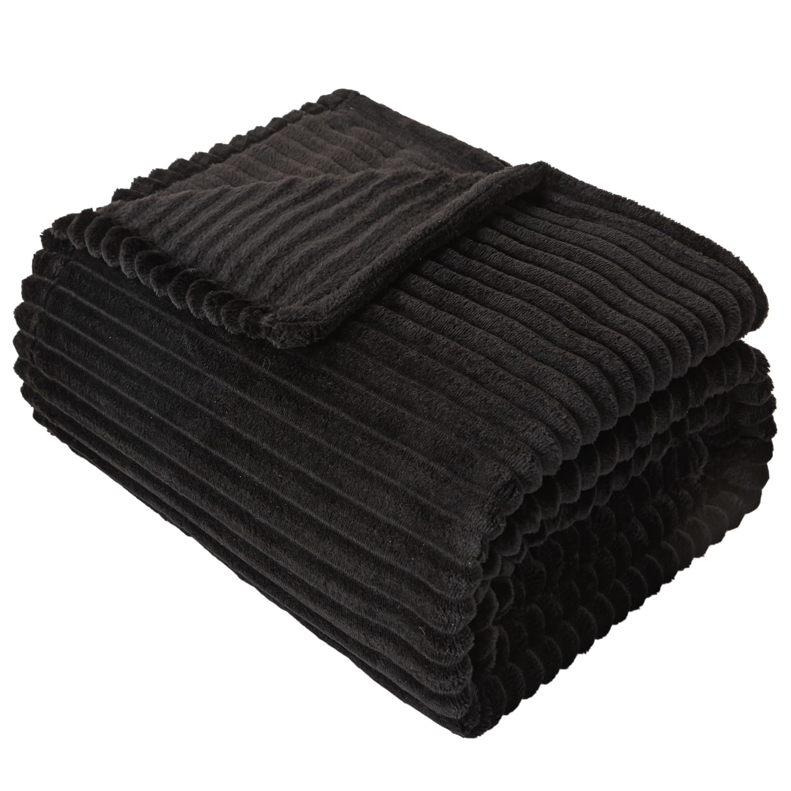 LSC Throws for Sofas Ribbed Fleece Throw Blanket Soft Warm Cozy Ribbed Texture Sofa Throw Fluffy Decorative Blanket for Couch Bed & Travel Cuddle Throw (BLACK, Double - 150X200cm)